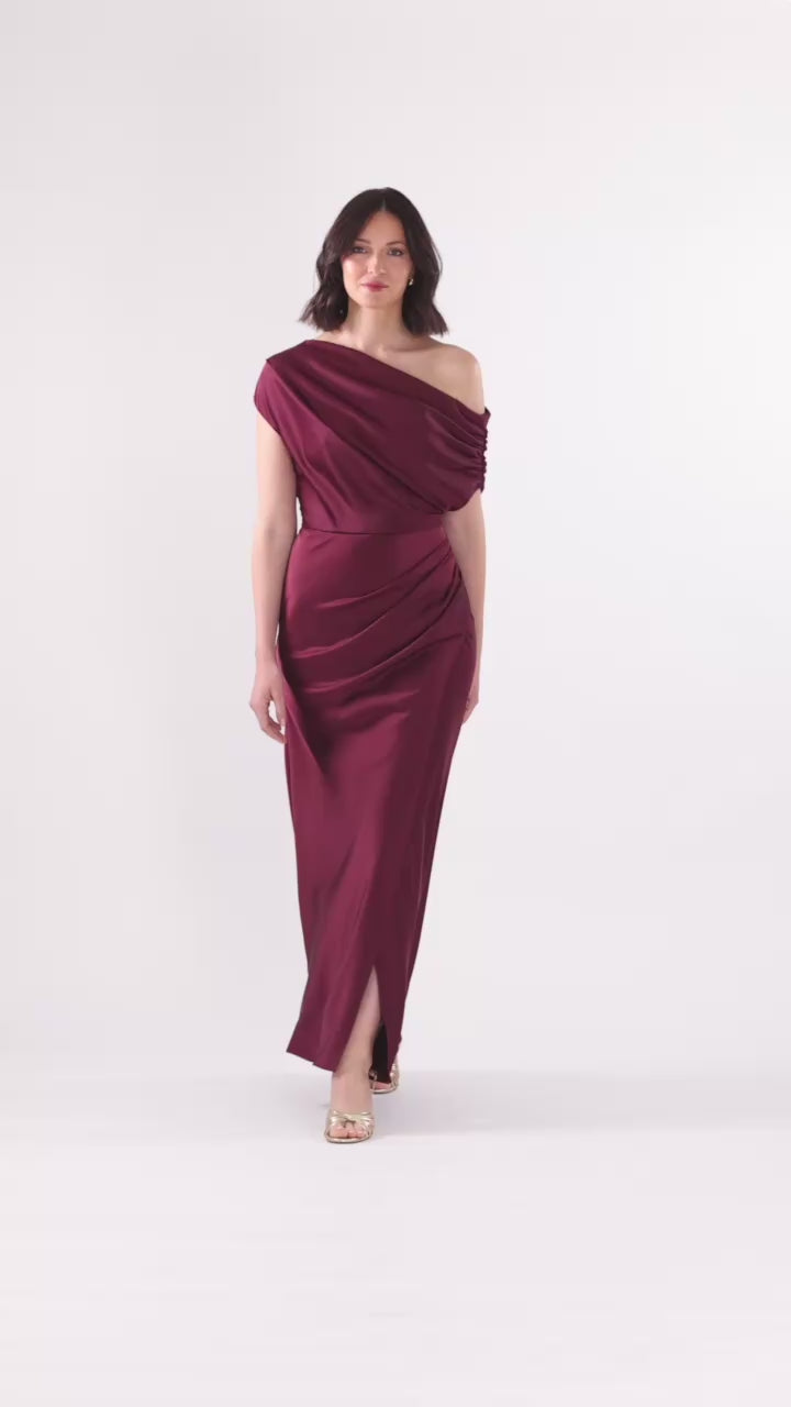 “Hailey” Double Faced Satin Off The Shoulder Ruched Dress - Wine | Betsy & Adam