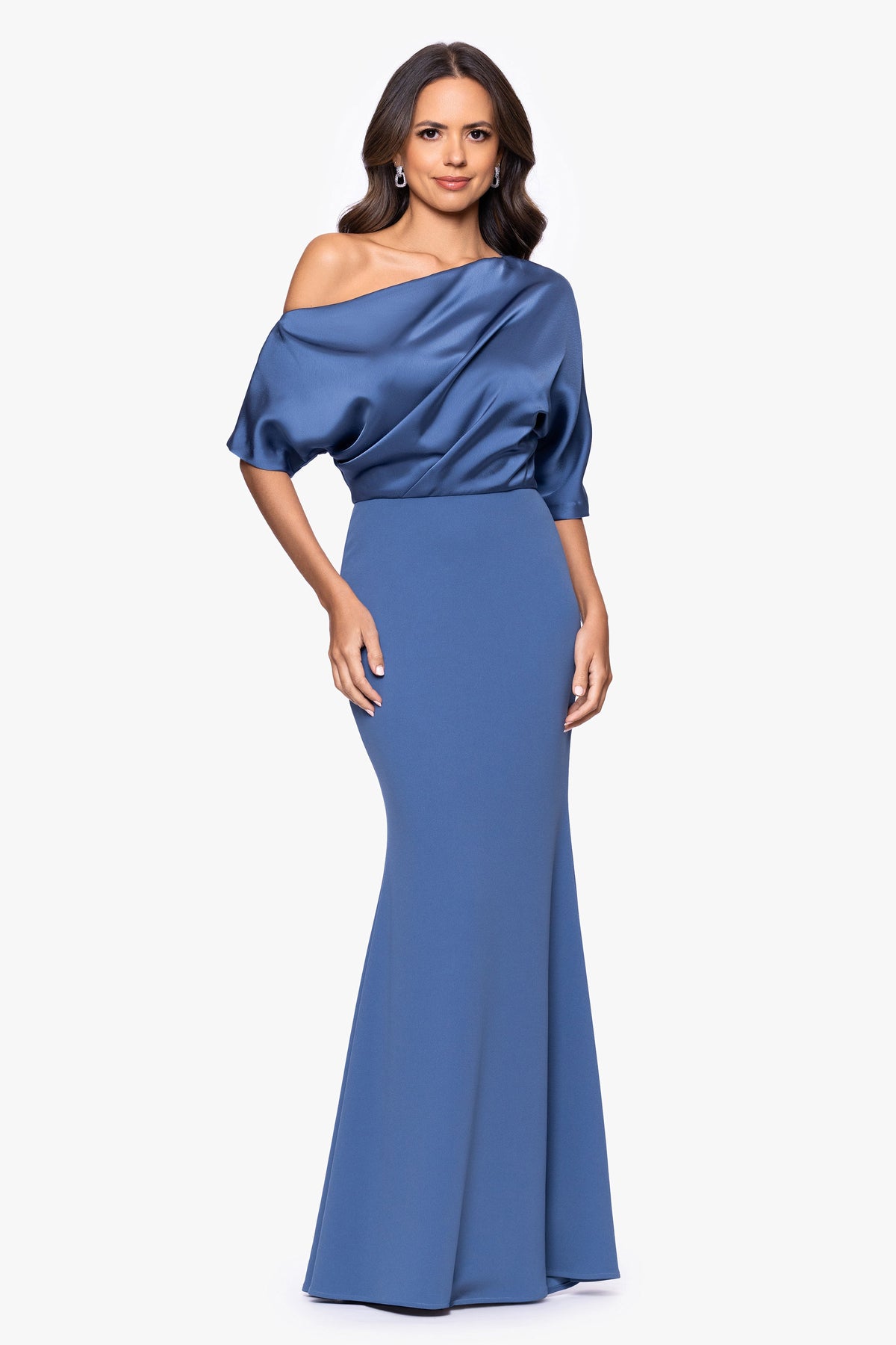 "Ana" Scuba Crepe & Satin Drop Shoulder Dress - Slate | Betsy & Adam