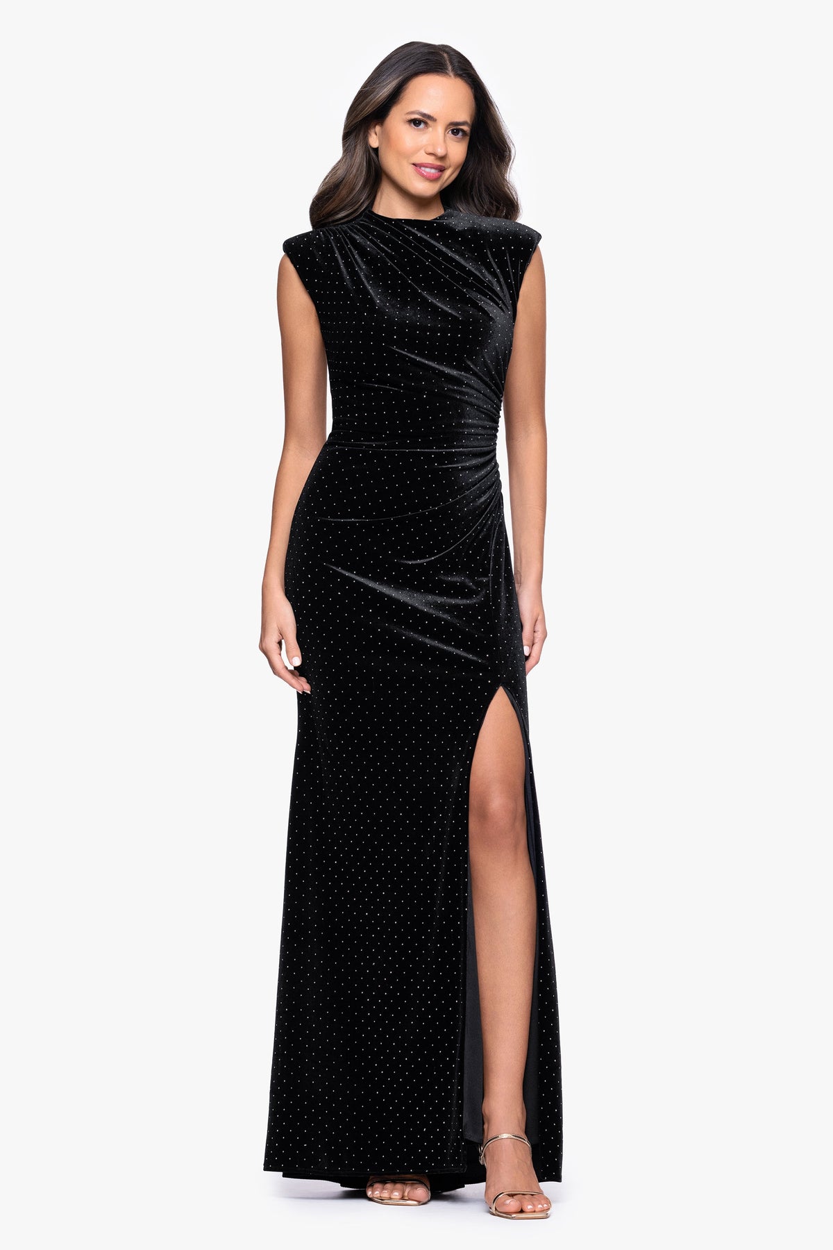 "Andrea" Studded Velvet Slit Dress - Black/Silver | Betsy & Adam