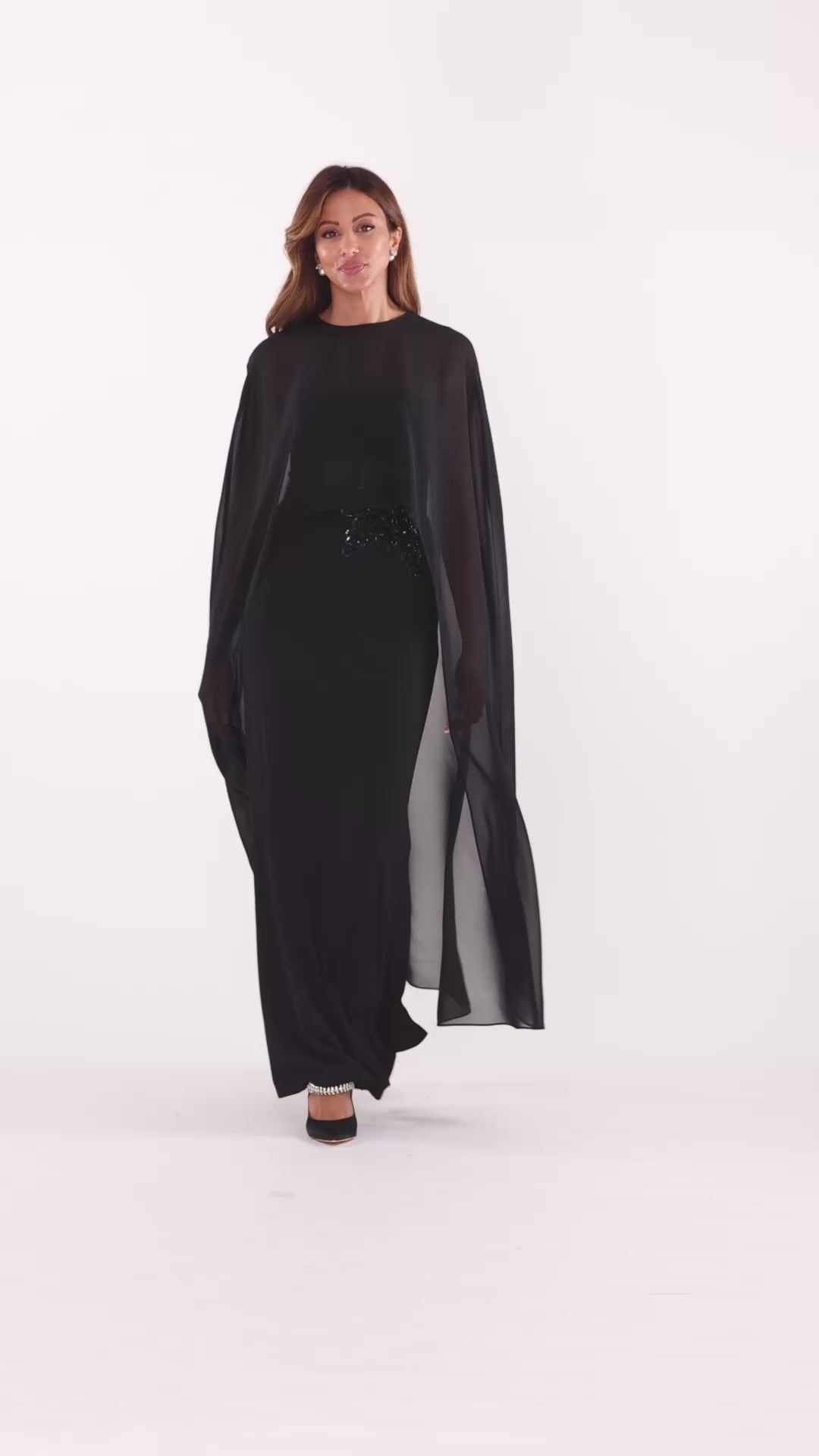 "Lee" Souffle Chiffon Long Cape - Black | Betsy & Adam
