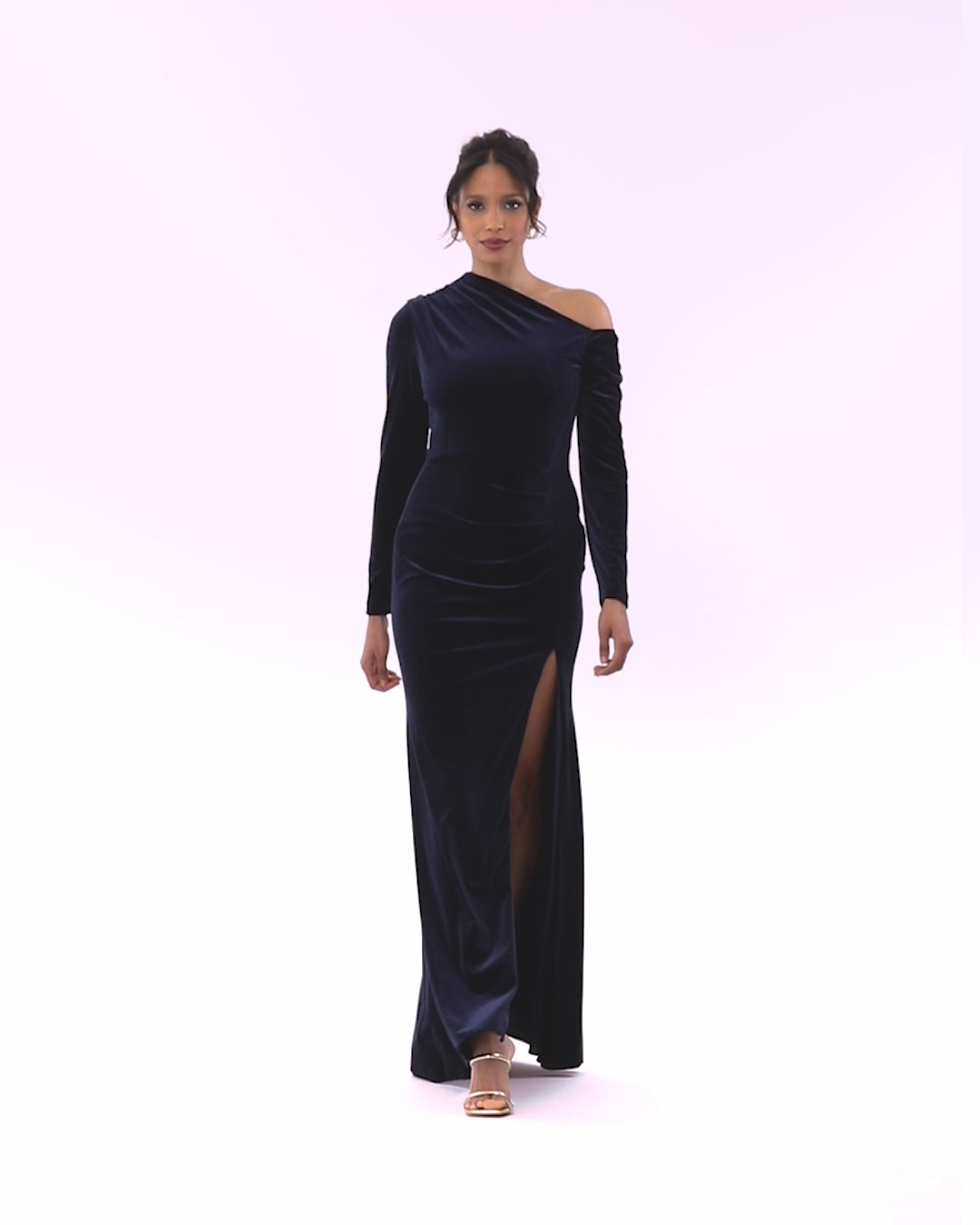 "Annette" Velvet Off Shoulder Long Sleeve Dress - Navy | Betsy & Adam
