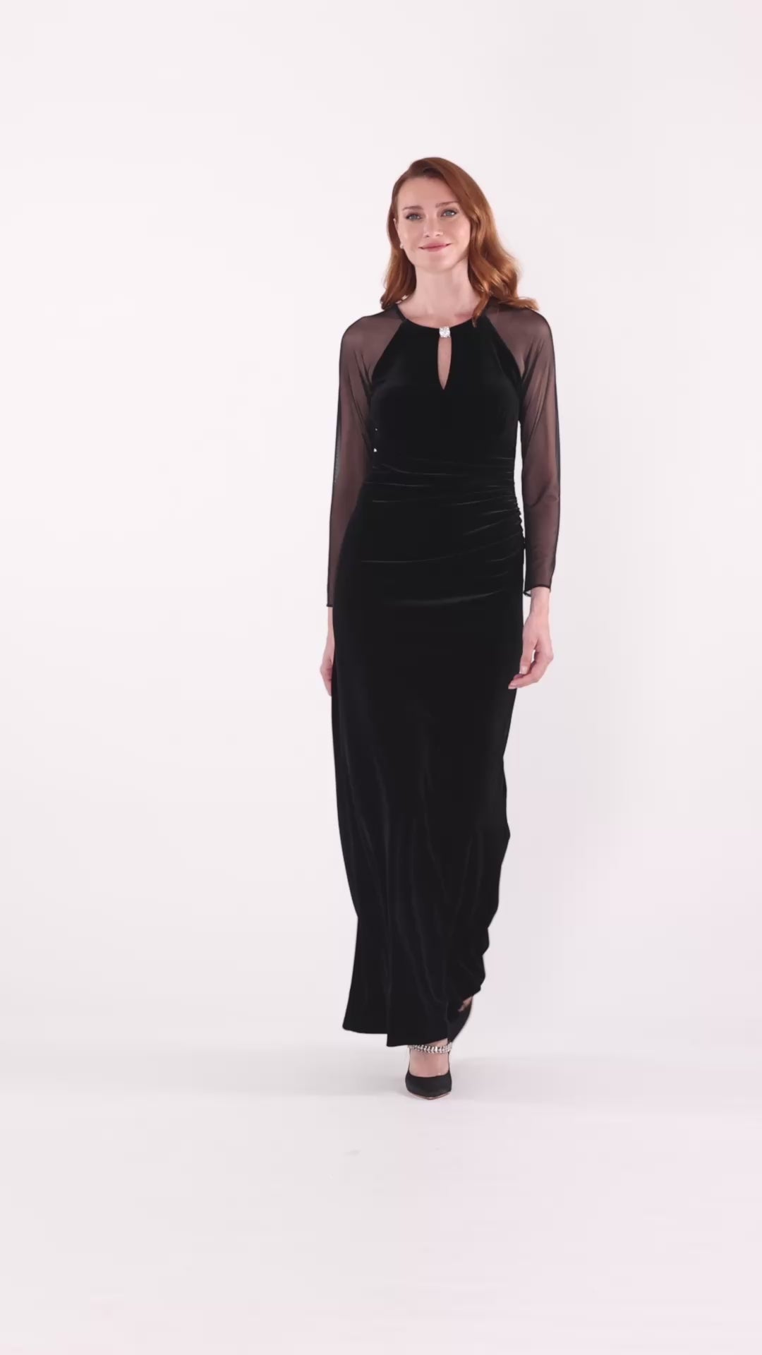 "Paris" Velvet & Mesh Long Sleeve Dress - Black | Betsy & Adam