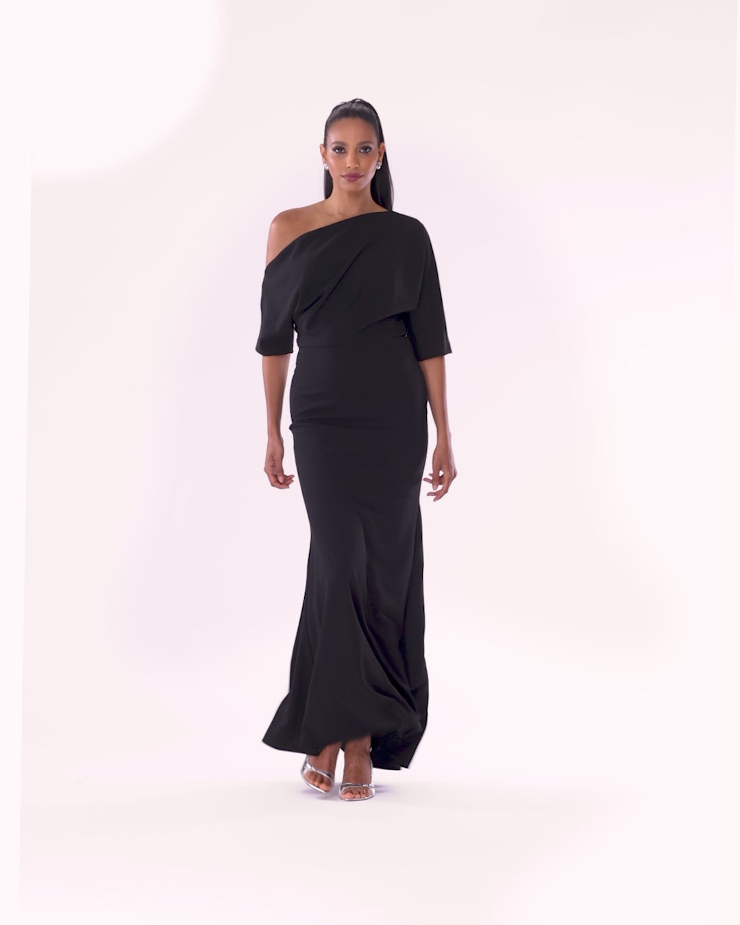 “Madeline” Scuba Crepe Off The Shoulder Dress - Black | Betsy & Adam