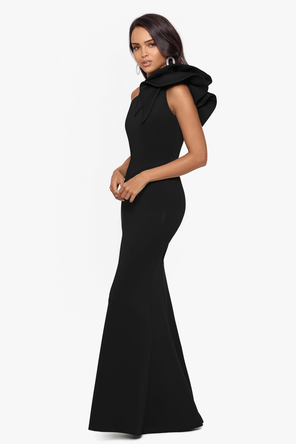 "Daisy" Techno Scuba Crepe One Shoulder Dress - Black | Betsy & Adam