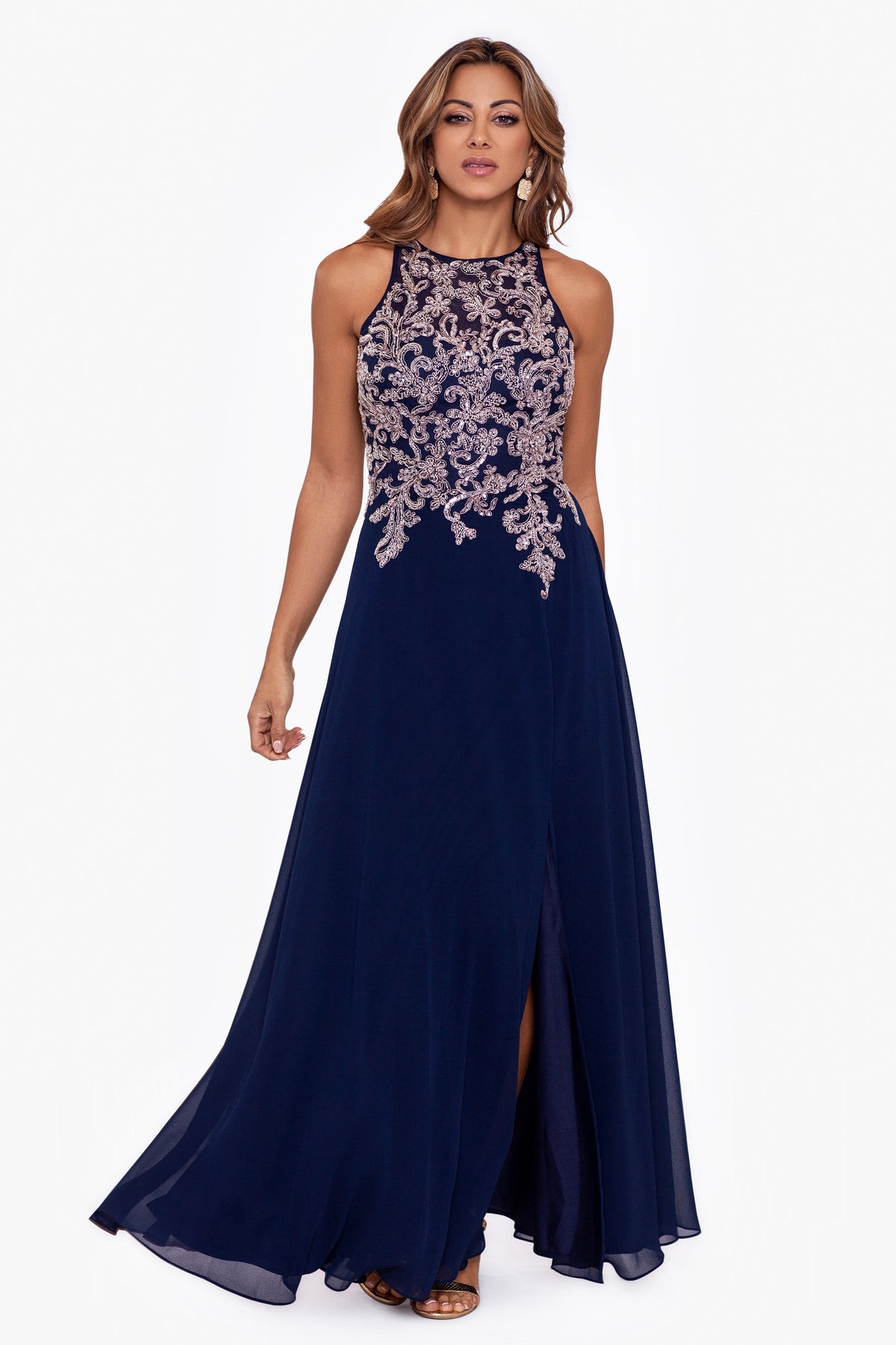 "Katie" Chiffon Beaded Halter Dress - Navy/Rose | Betsy & Adam