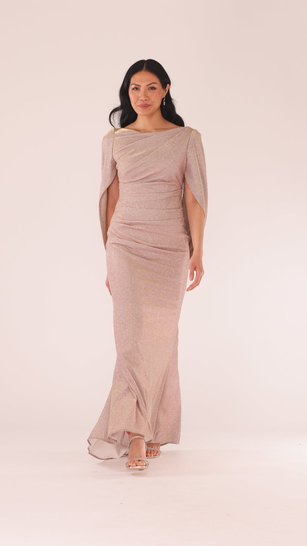 "Gracie" Metallic Knit Glitter Draped Dress - White/Pink/Gold | Betsy & Adam