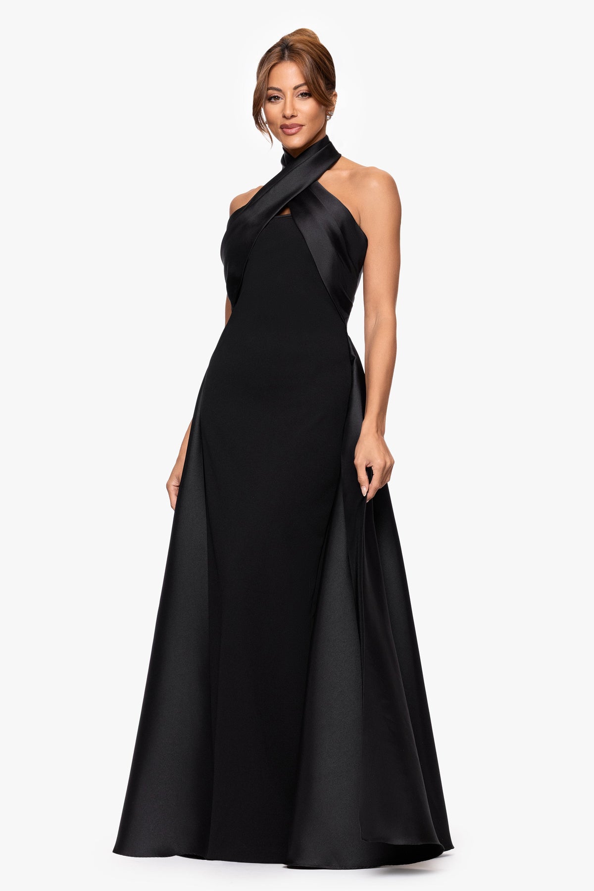 "Dina" Scuba Crepe Twist Halter Neck Gown - Black | Betsy & Adam
