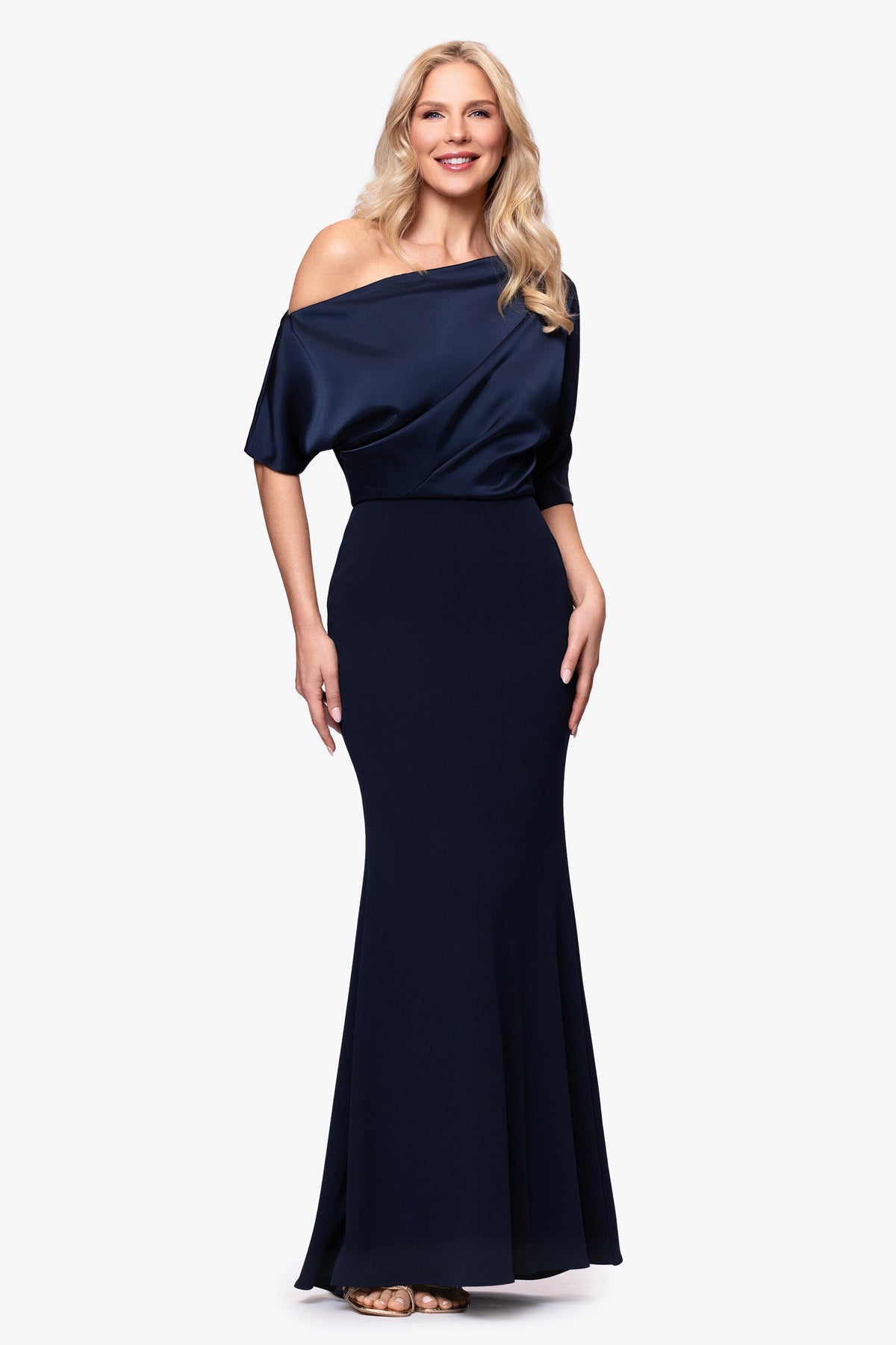 "Ana" Scuba Crepe & Satin Drop Shoulder Dress - Navy | Betsy & Adam