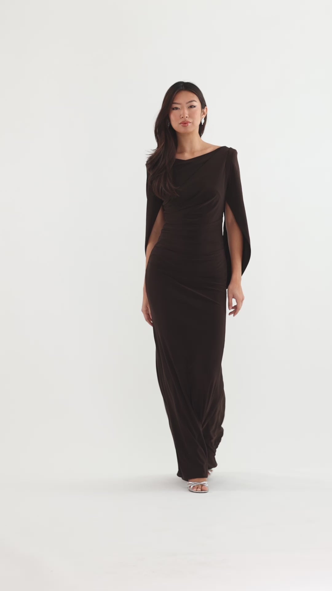 “Miriam” Jersey Knit Draped Back Dress - Brown | Betsy & Adam