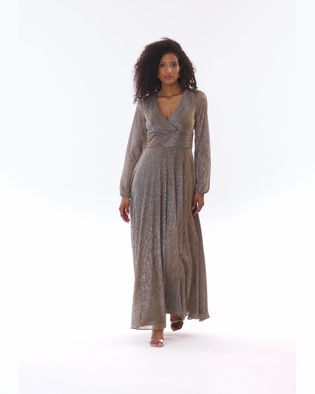 "Alexa" Metallic Knit Long Sleeve Dress - Mocha/Gold | Betsy & Adam