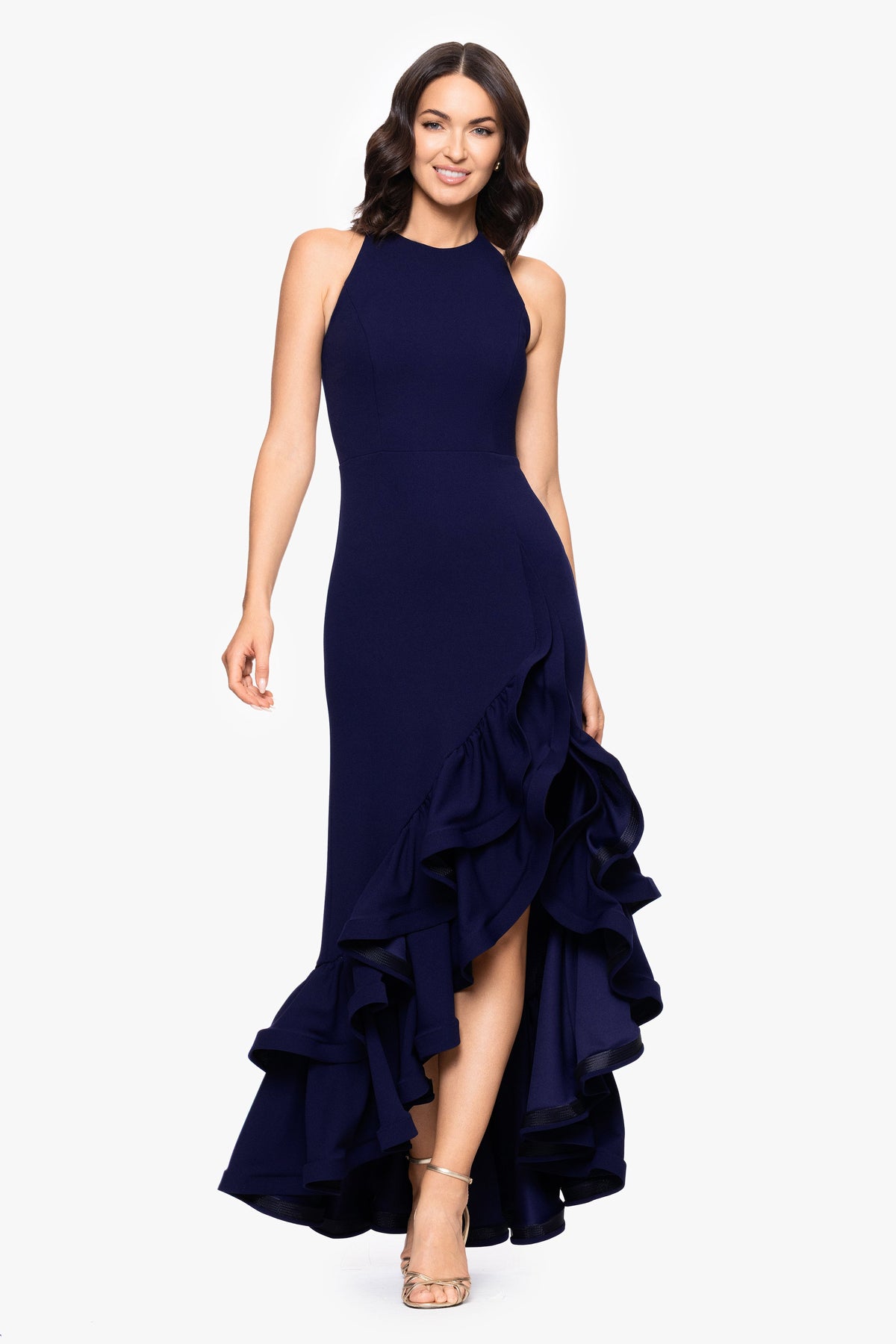 "Arielle" Scuba Crepe Ruffle Slit Dress - Night | Betsy & Adam
