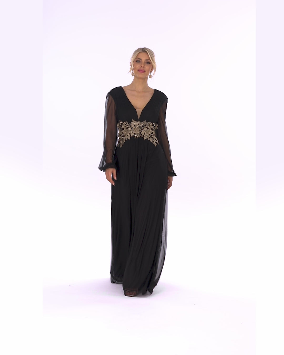 "Rebecca" Mesh Long Sleeve Dress - Black/Gold | Betsy & Adam
