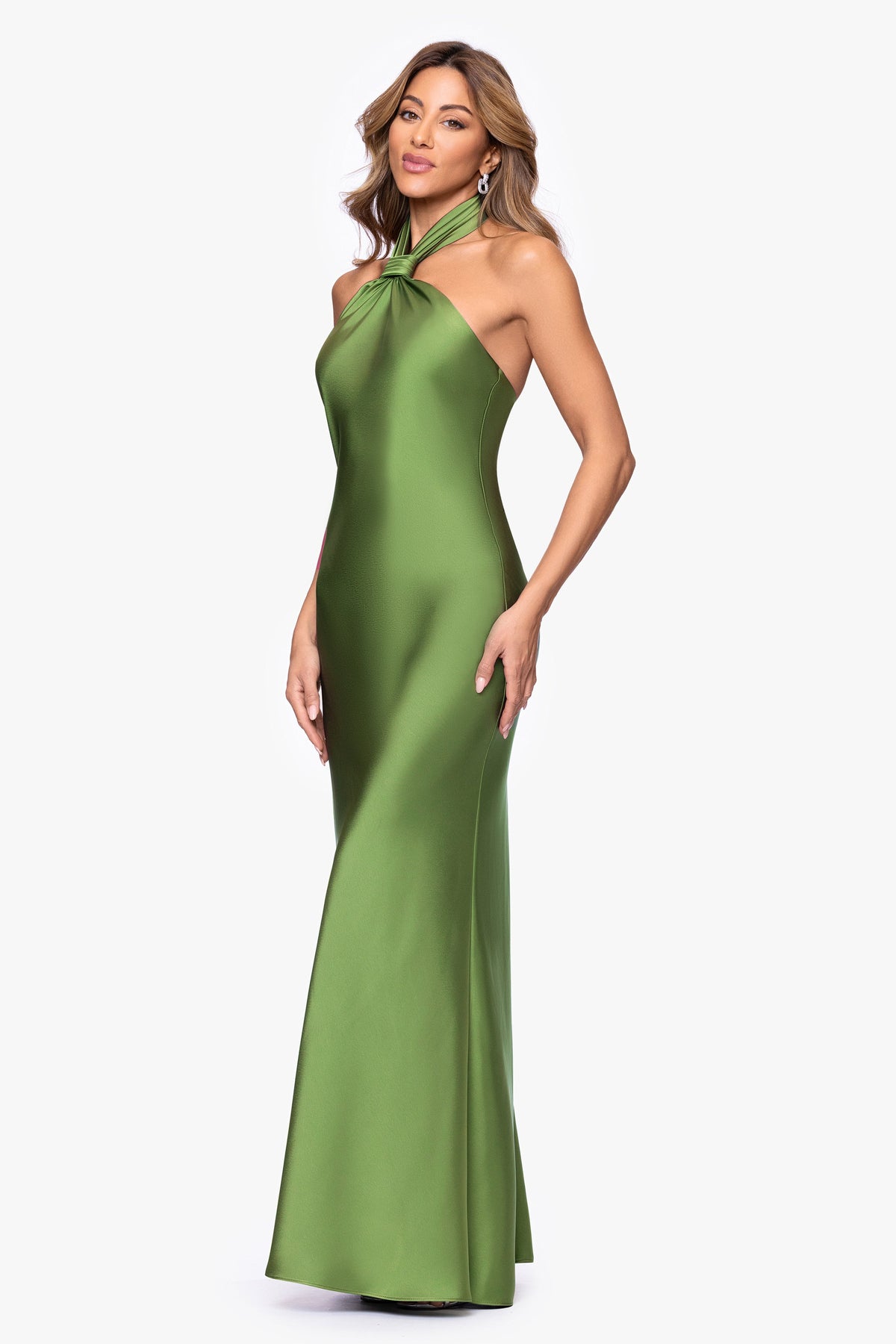 "Esmerelda" Satin Double Knotted Halter Neck Dress - Moss | Betsy & Adam