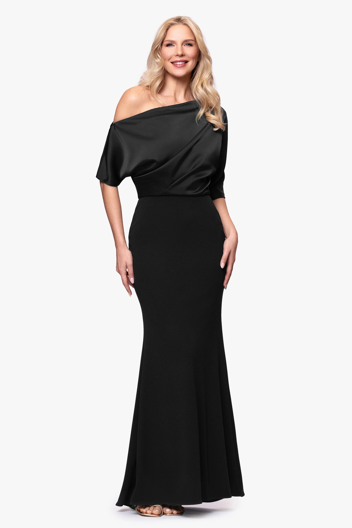 "Ana" Scuba Crepe & Satin Drop Shoulder Dress - Black | Betsy & Adam