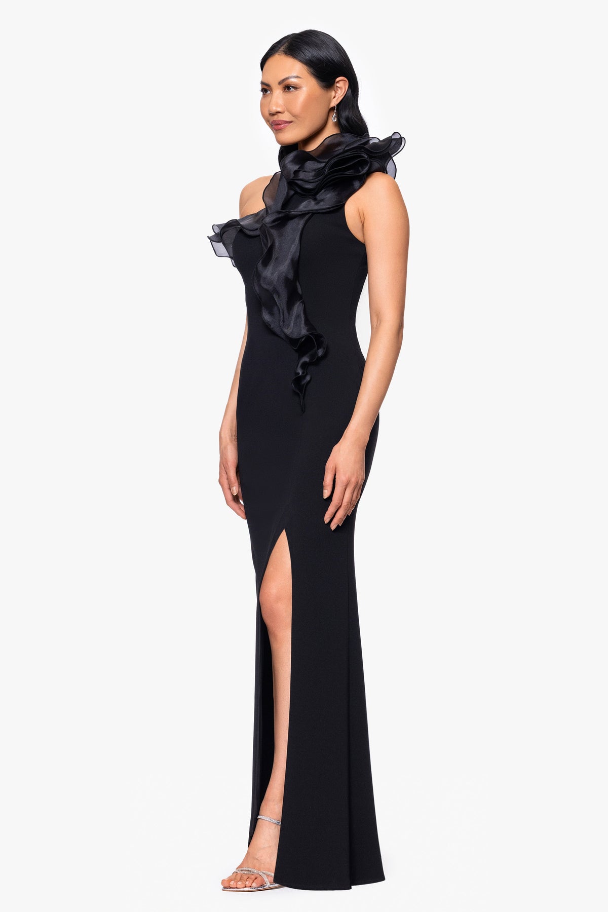 "Drea" Scuba Crepe Drop Shoulder Ruffle Dress - Black | Betsy & Adam