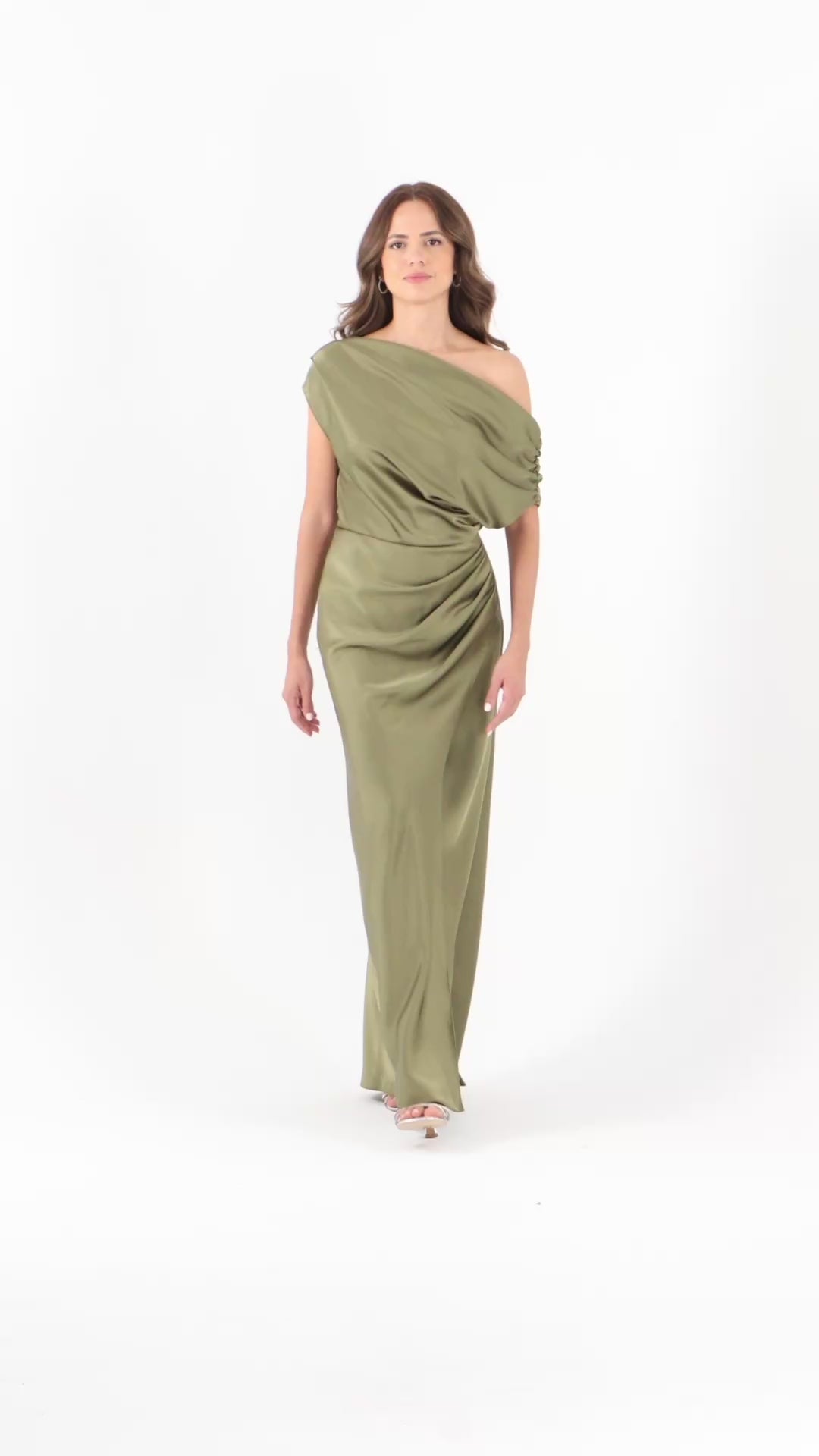 “Hailey” Double Faced Satin Off The Shoulder Ruched Dress - Olive | Betsy & Adam