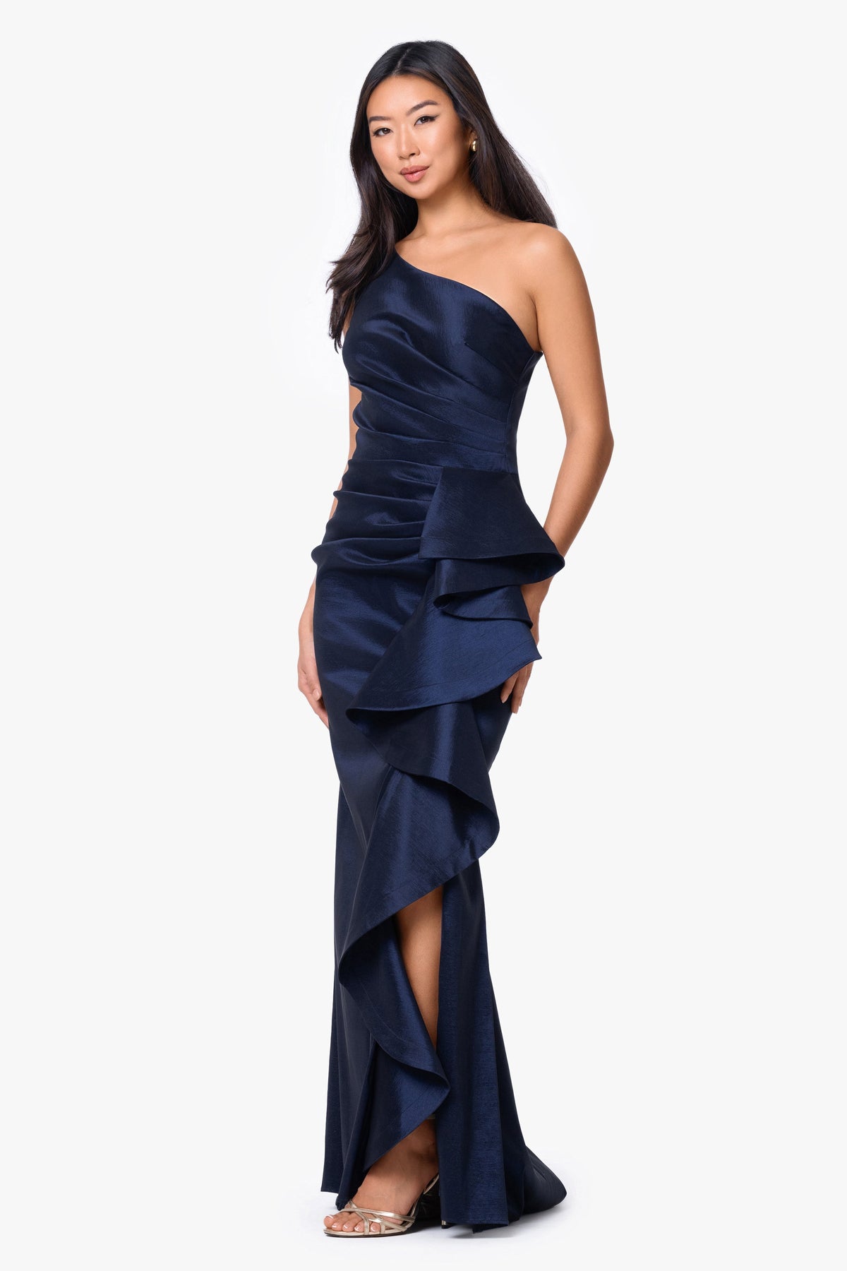 "Evangeline" Taffeta One Shoulder Dress - Navy | Betsy & Adam