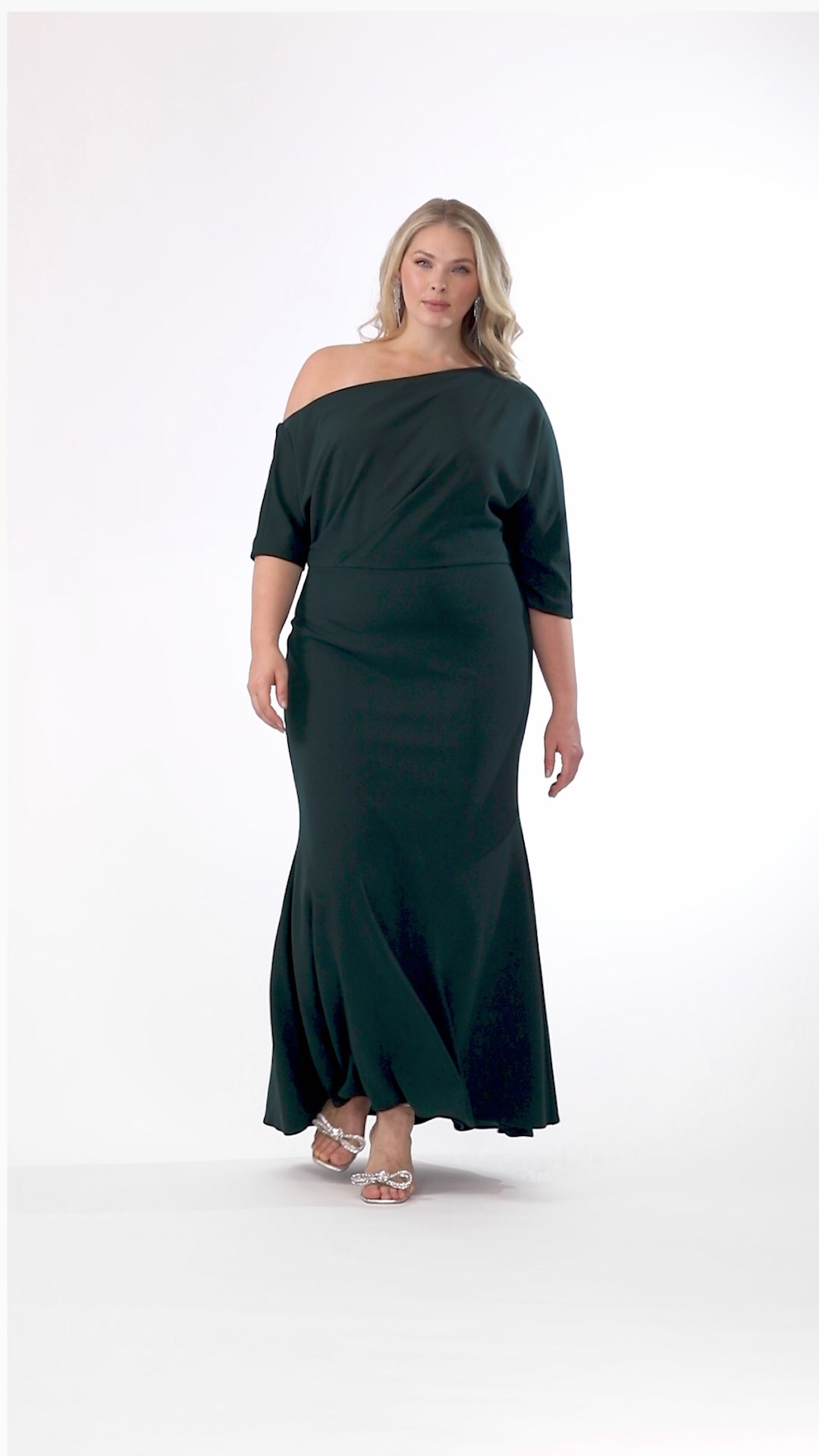 Plus “Madeline” Scuba Crepe Off The Shoulder Dress - Pine | Betsy & Adam