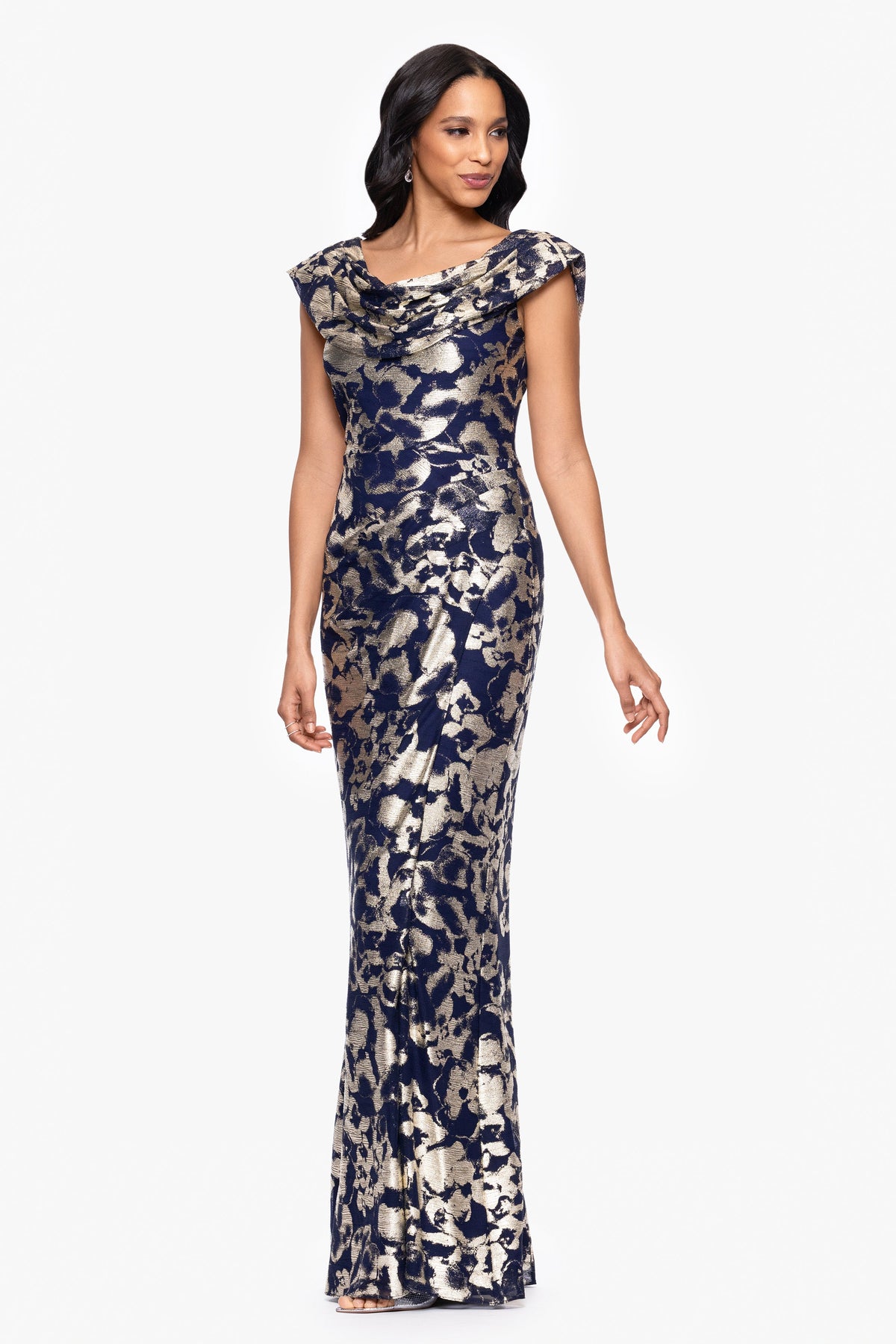 "Bianca" Metallic Cowl Neck Dress - Navy/Gold | Betsy & Adam