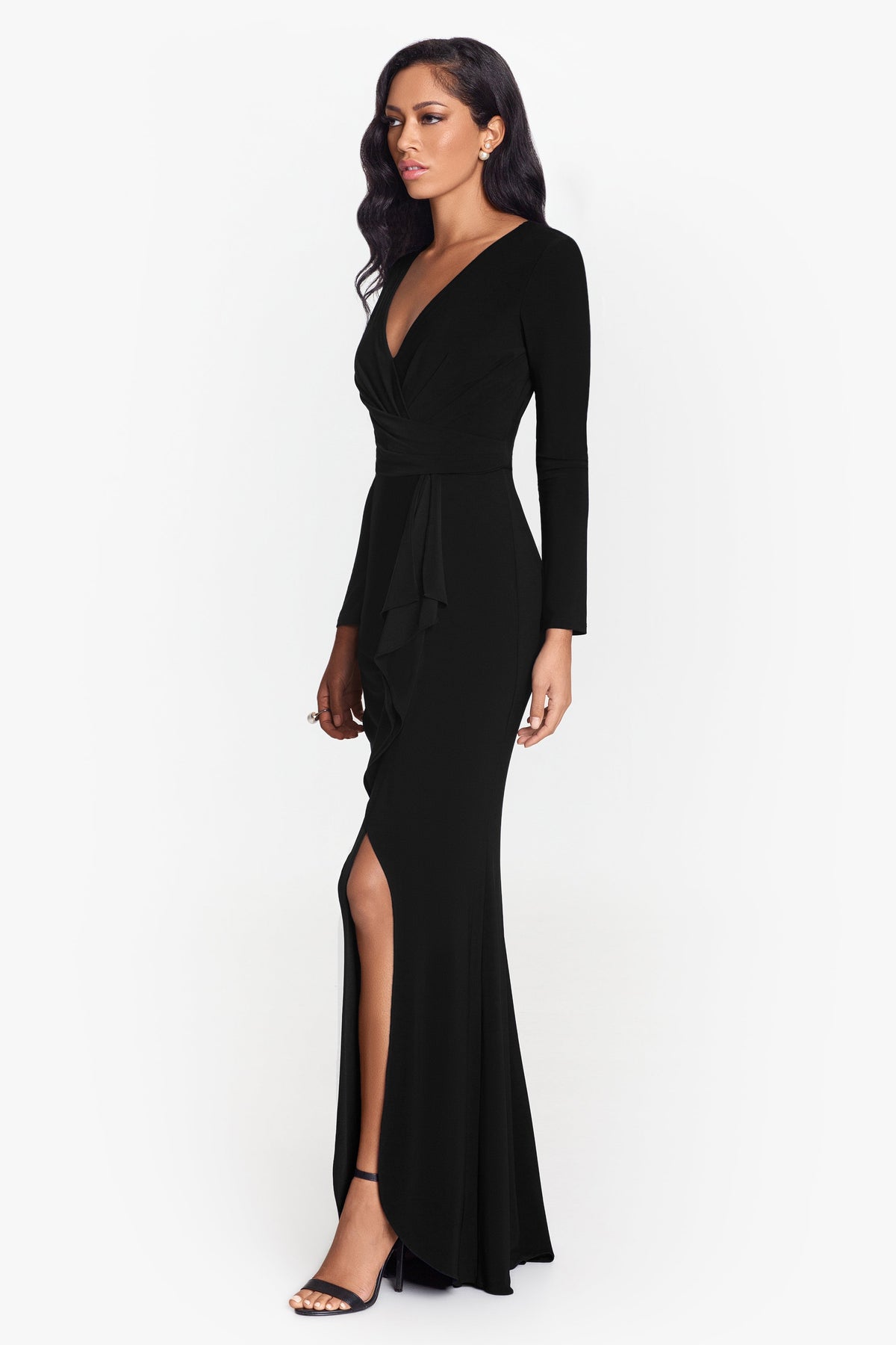 "Elle" Jersey Knit Long Sleeve Side Slit Dress - Black | Betsy & Adam