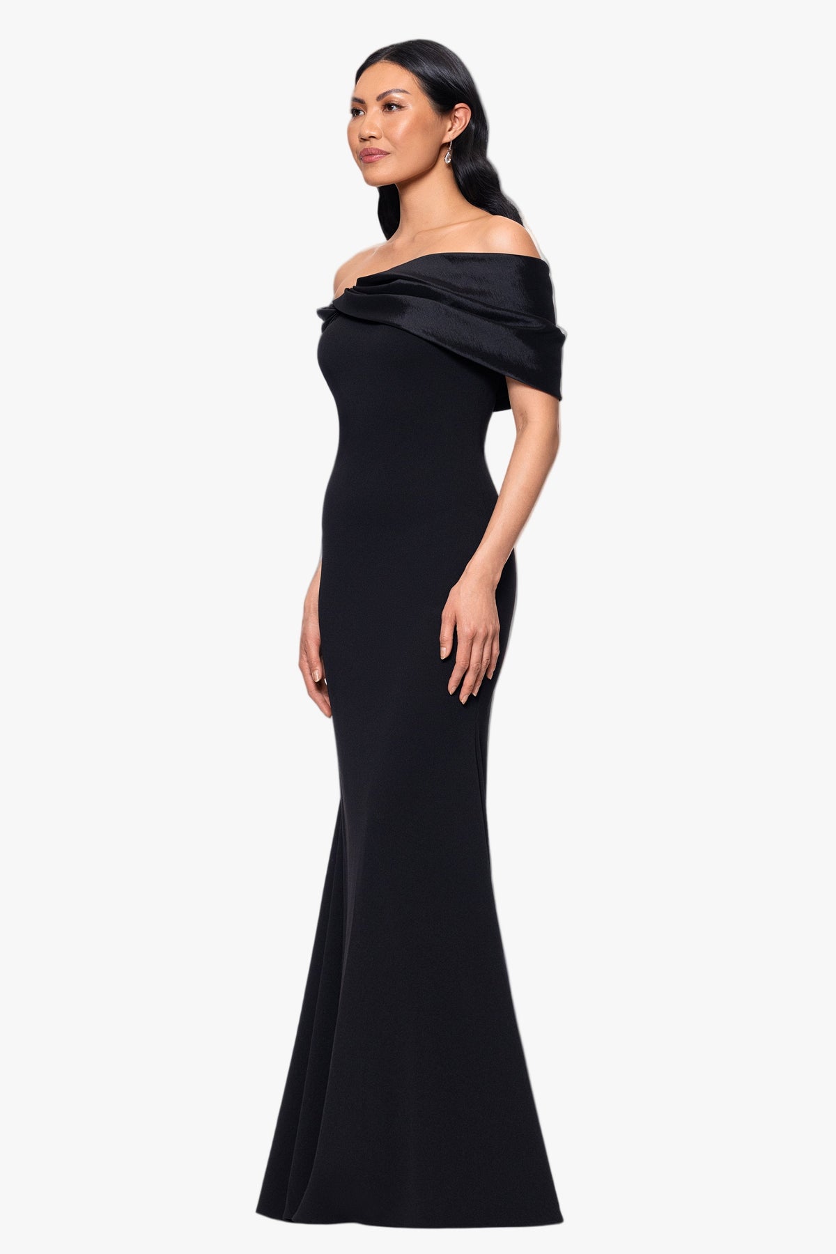 "Michelle" Scuba Crepe Off the Shoulder Taffeta Trim Dress - Black | Betsy & Adam