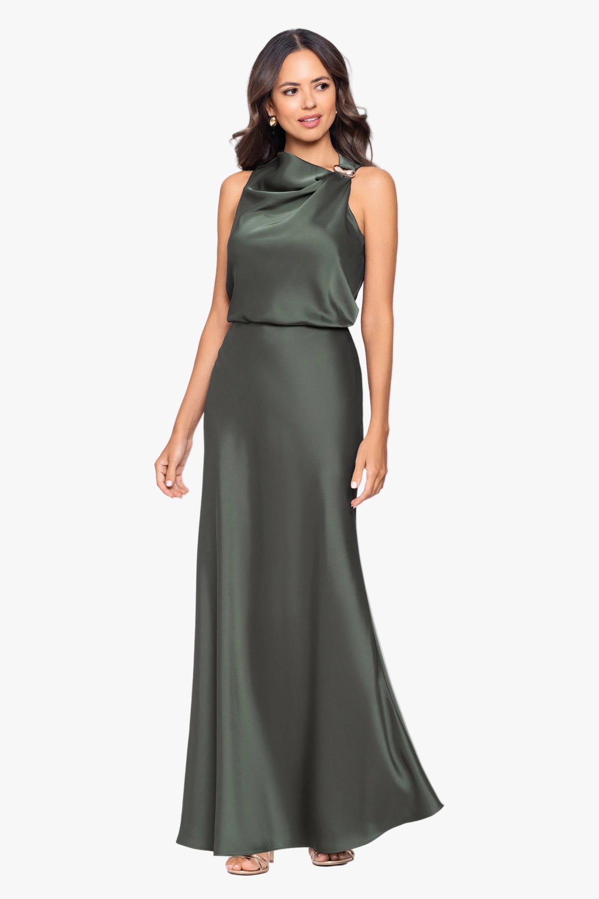 Petite "Colette" Satin Ruched Trim Dress - Hunter | Betsy & Adam