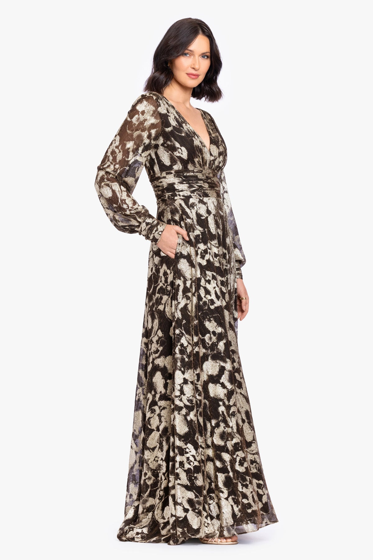 "Melanie" Metallic Knit V-Neck Long Sleeve Dress - Brown/Gold | Betsy & Adam