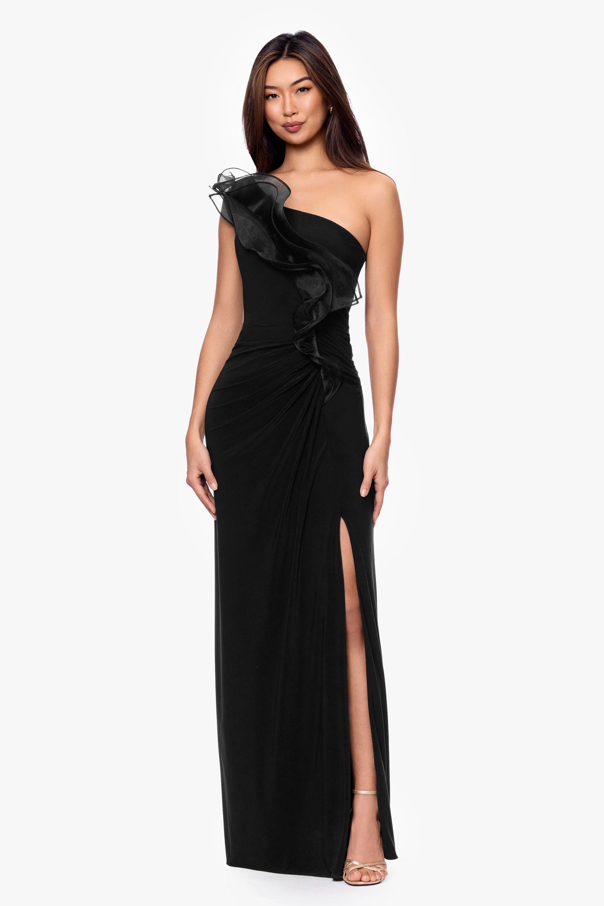 "Jade" Jersey Knit One Shoulder Organza Ruffle Dress - Black | Betsy & Adam