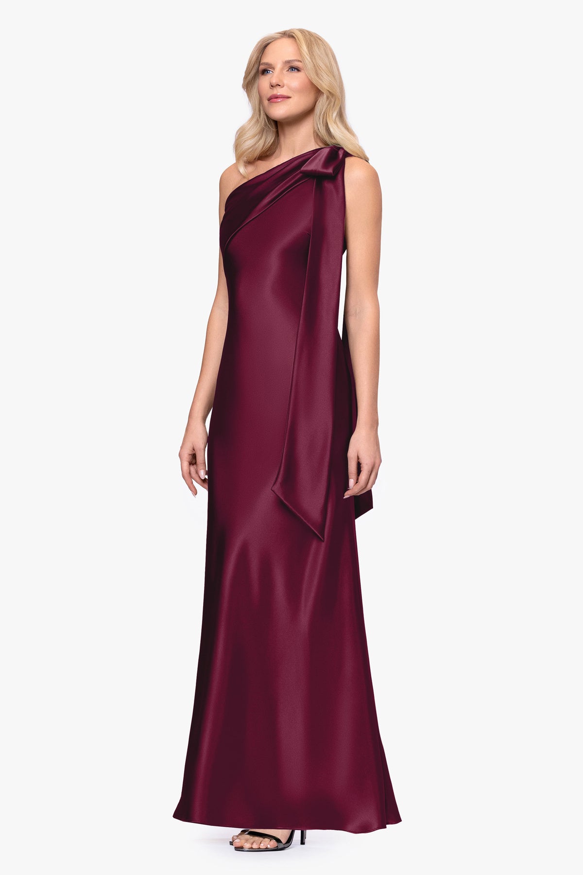 "Dove" Satin One Shoulder Bow Dress - Wine | Betsy & Adam