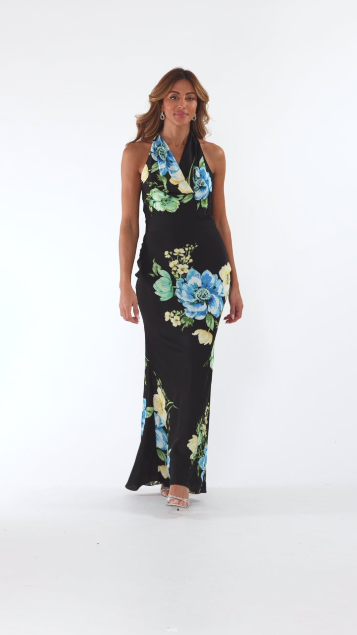 "Delaney" Printed Flower Satin Tie Neck Dress - Black/Multi | Betsy & Adam