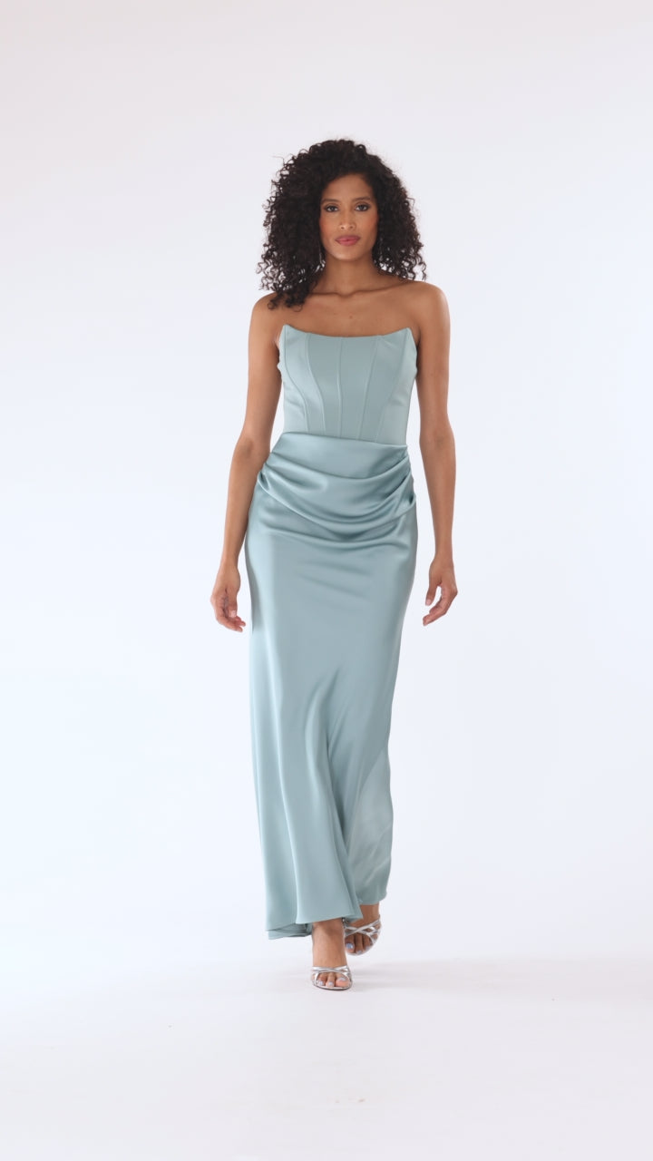 "Debra" Scuba Crepe & Satin Strapless Dress - Sage | Betsy & Adam