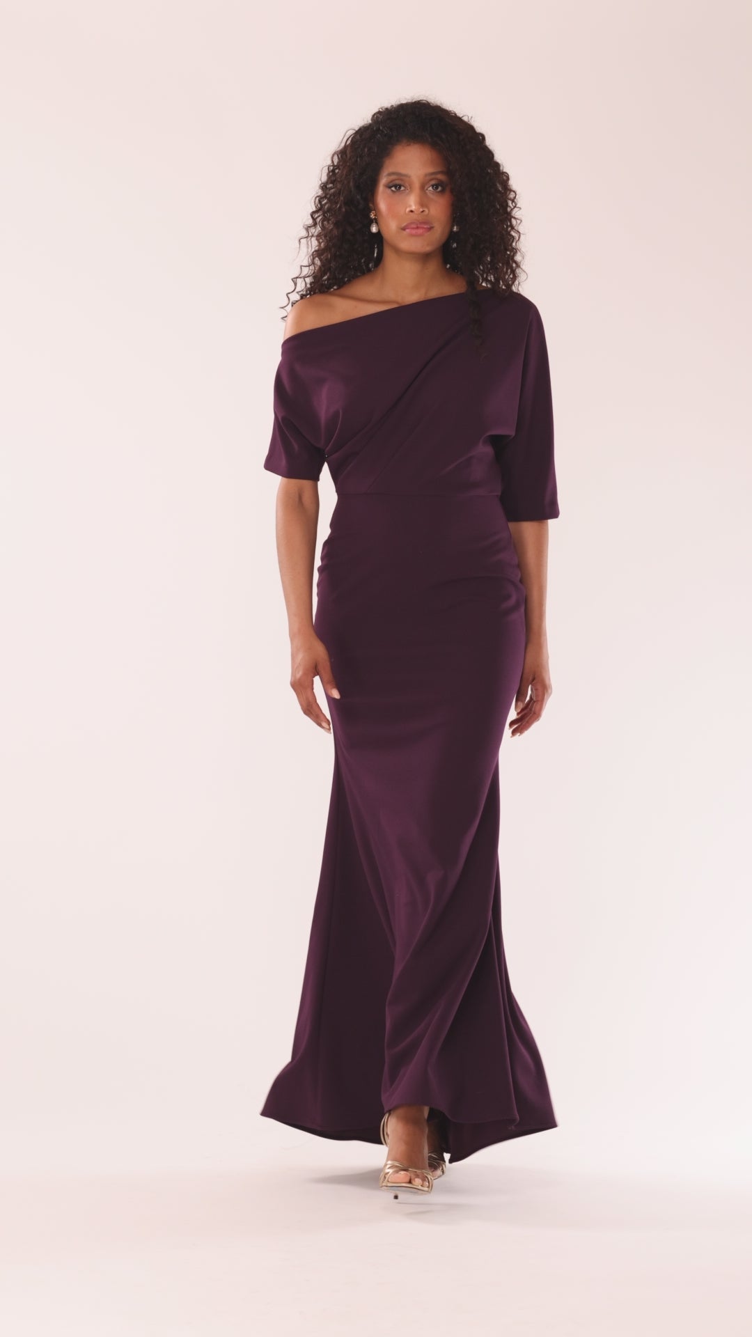 “Madeline” Scuba Crepe Off The Shoulder Dress - Mulberry | Betsy & Adam