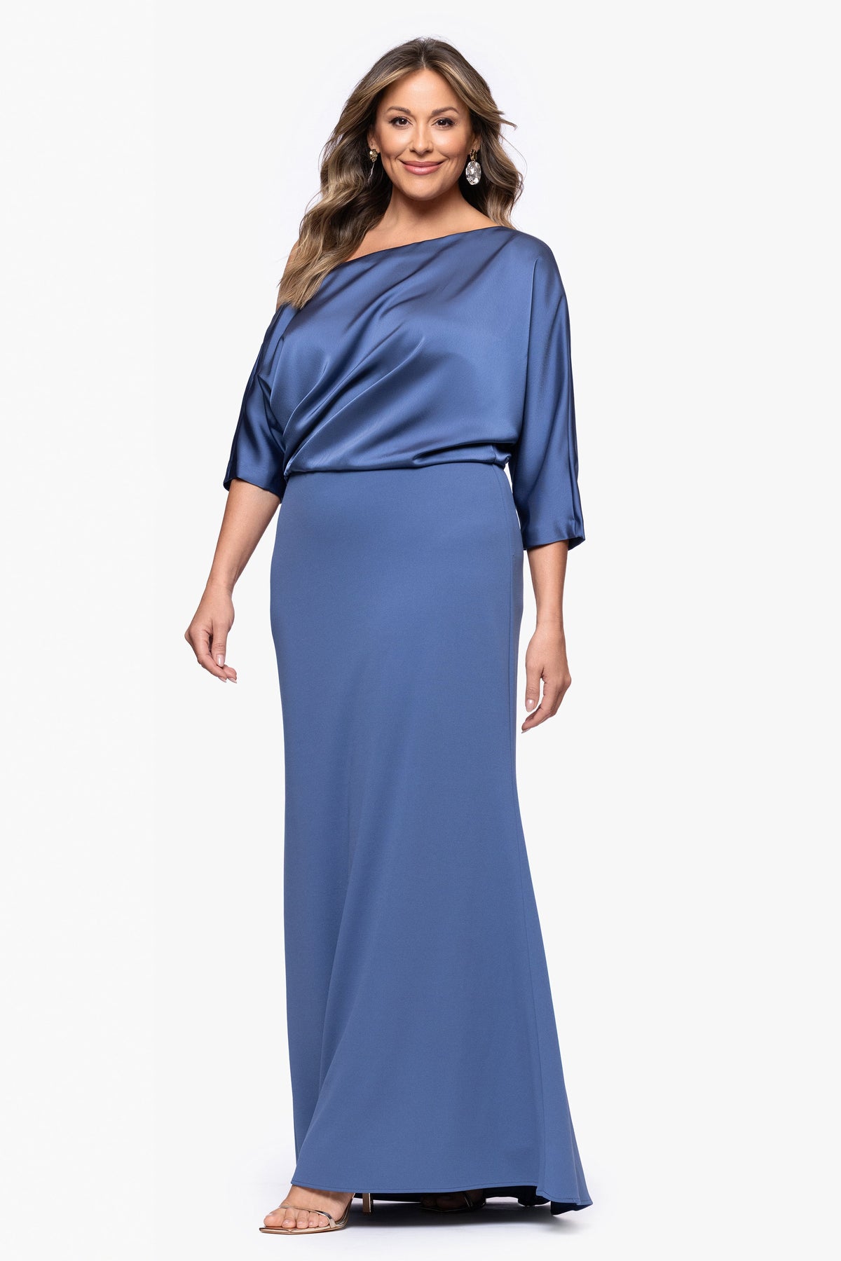 Plus "Ana" Scuba Crepe & Satin Drop Shoulder Dress - Slate | Betsy & Adam