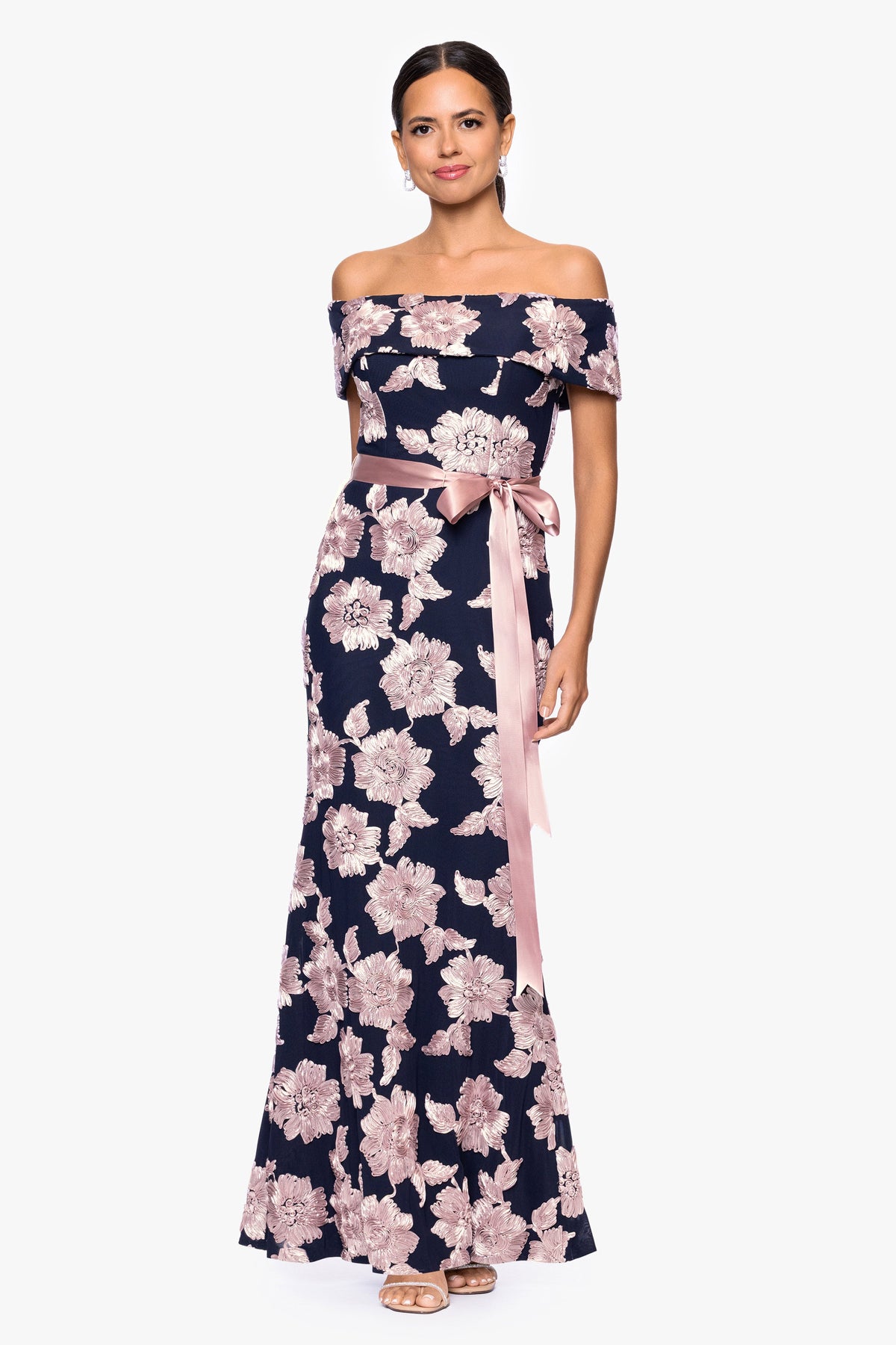 "Georgette" Soutache Off The Shoulder Ribbon Dress - Navy/Rose | Betsy & Adam
