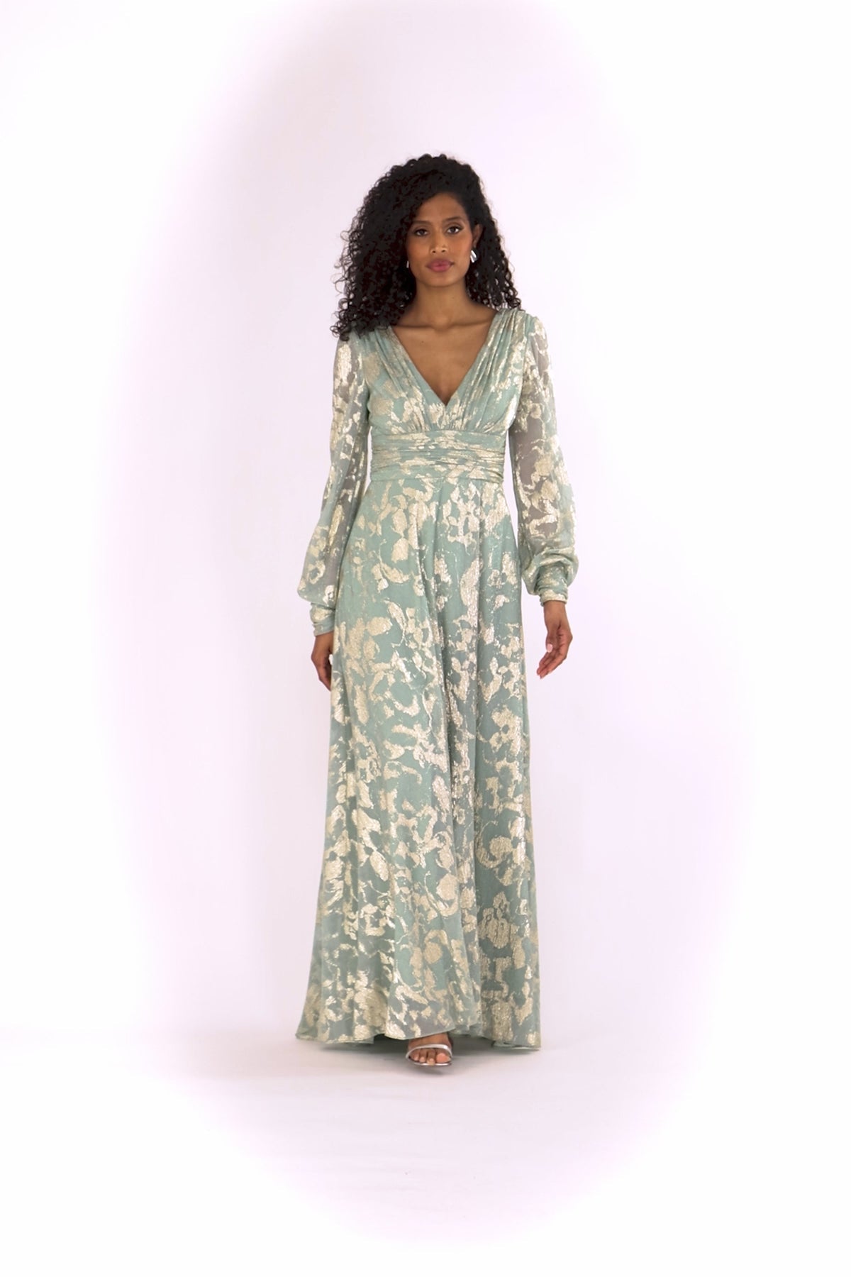 "Melanie" Metallic Knit V-Neck Long Sleeve Dress - Sage/Gold | Betsy & Adam
