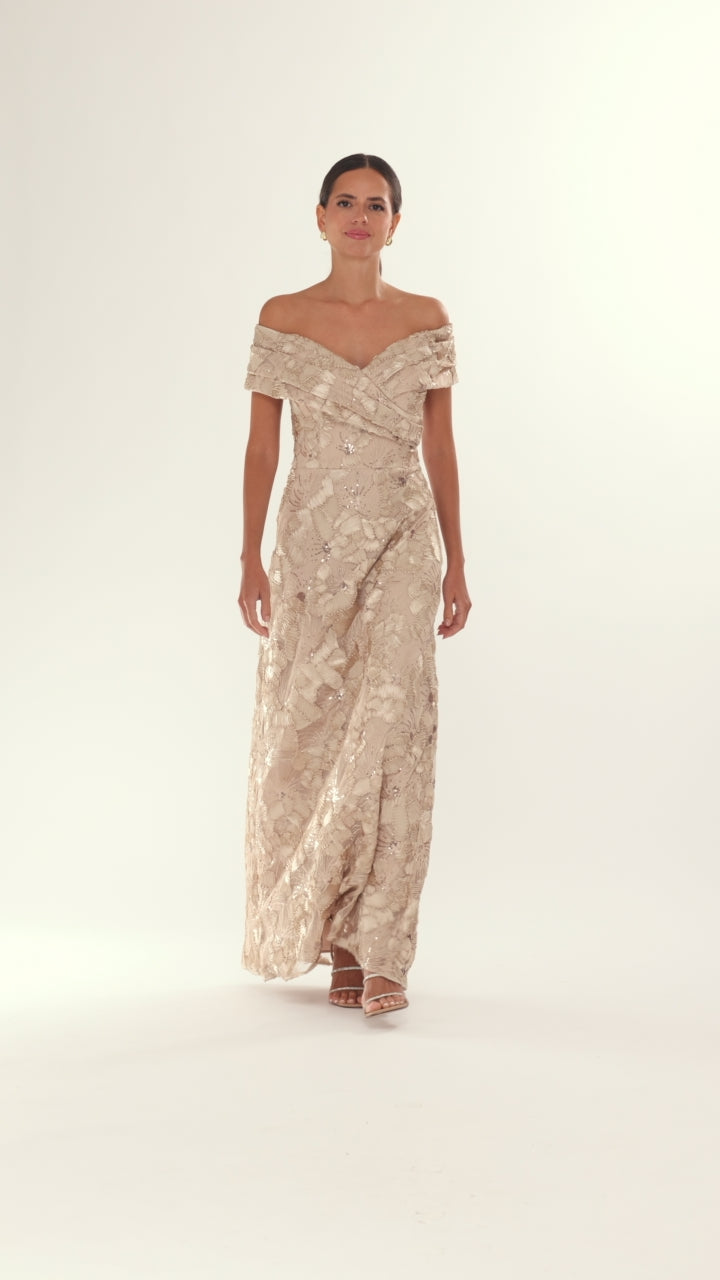 "Teyana" Soutache Sequin Off Shoulder Dress - Champagne | Betsy & Adam