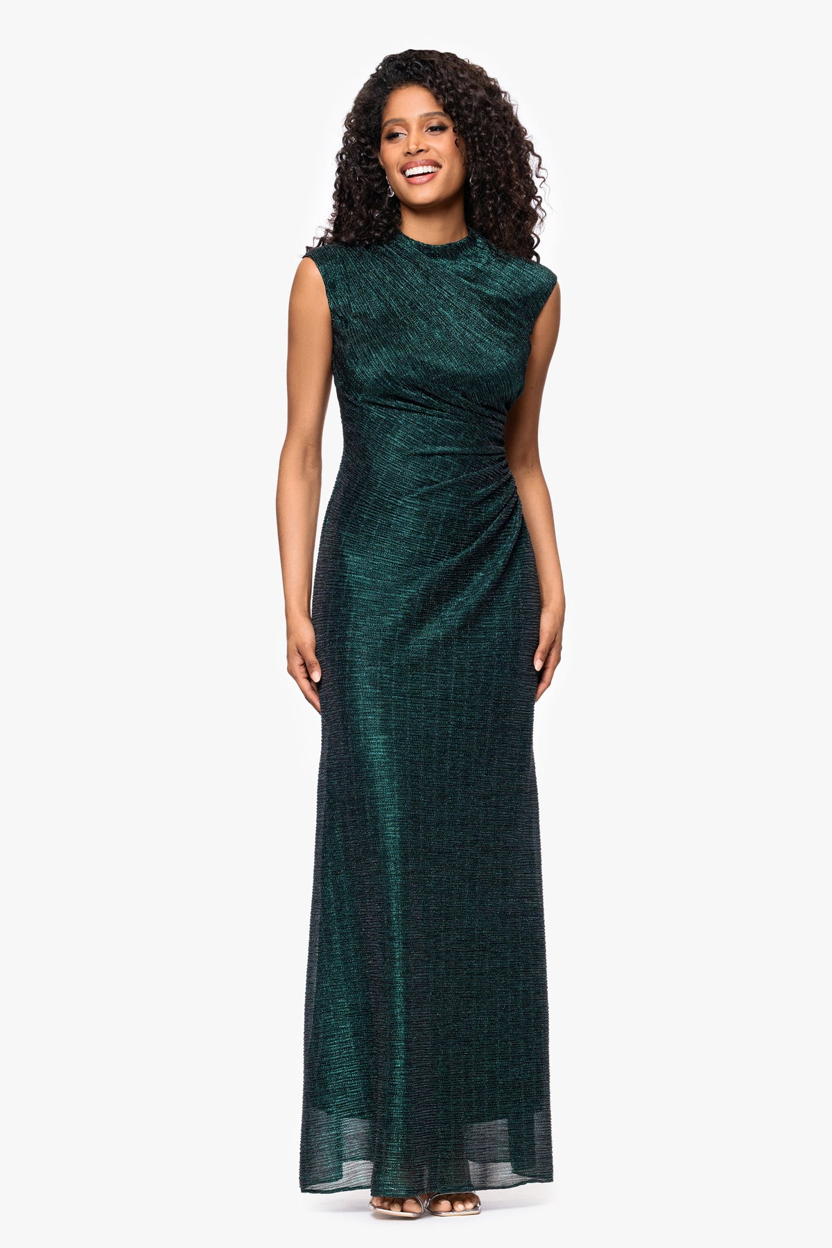 "Bethany" Metallic Ruched Dress - Black/Emerald | Betsy & Adam