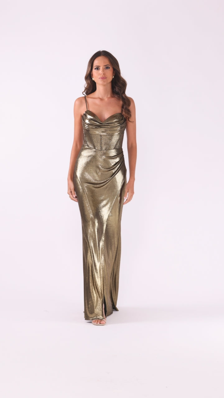 "Shayla" Metallic Jersey Corset Dress - Gold | Betsy & Adam