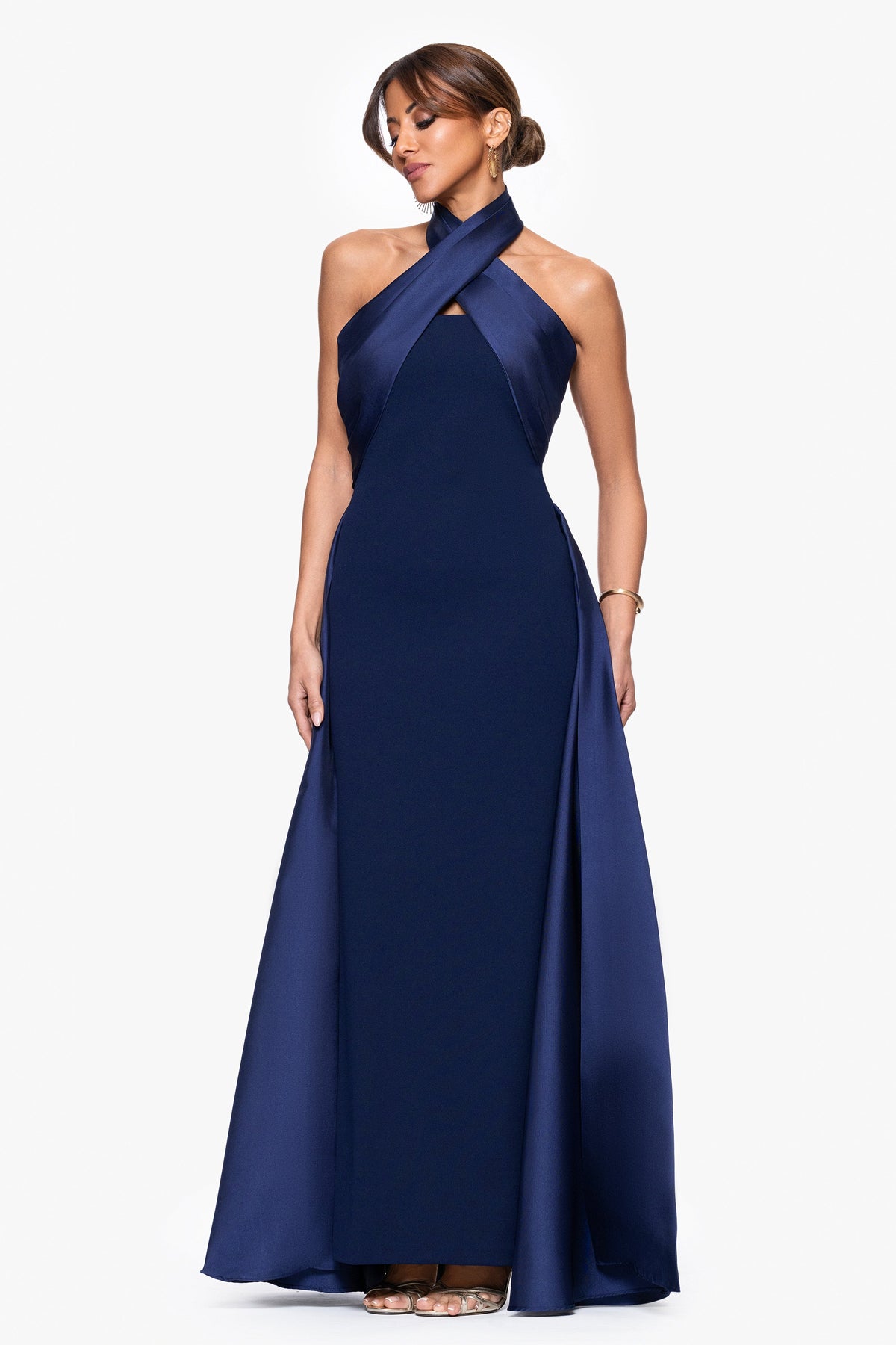 "Dina" Scuba Crepe Twist Halter Neck Gown - Navy | Betsy & Adam