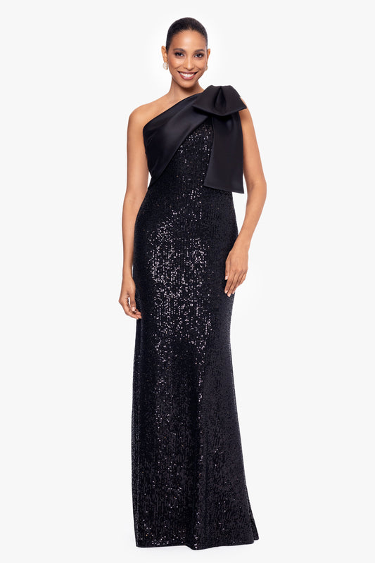 "Christy" Sequin With Satin Bow Dress - Black | Betsy & Adam