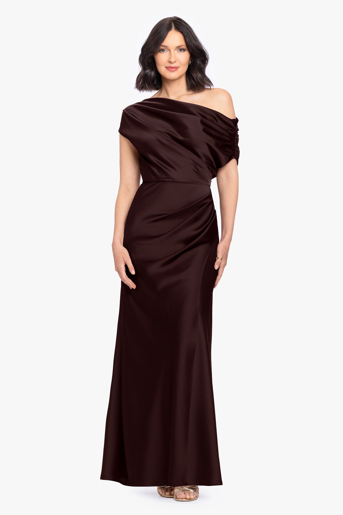 “Hailey” Double Faced Satin Off The Shoulder Ruched Dress - Brown | Betsy & Adam