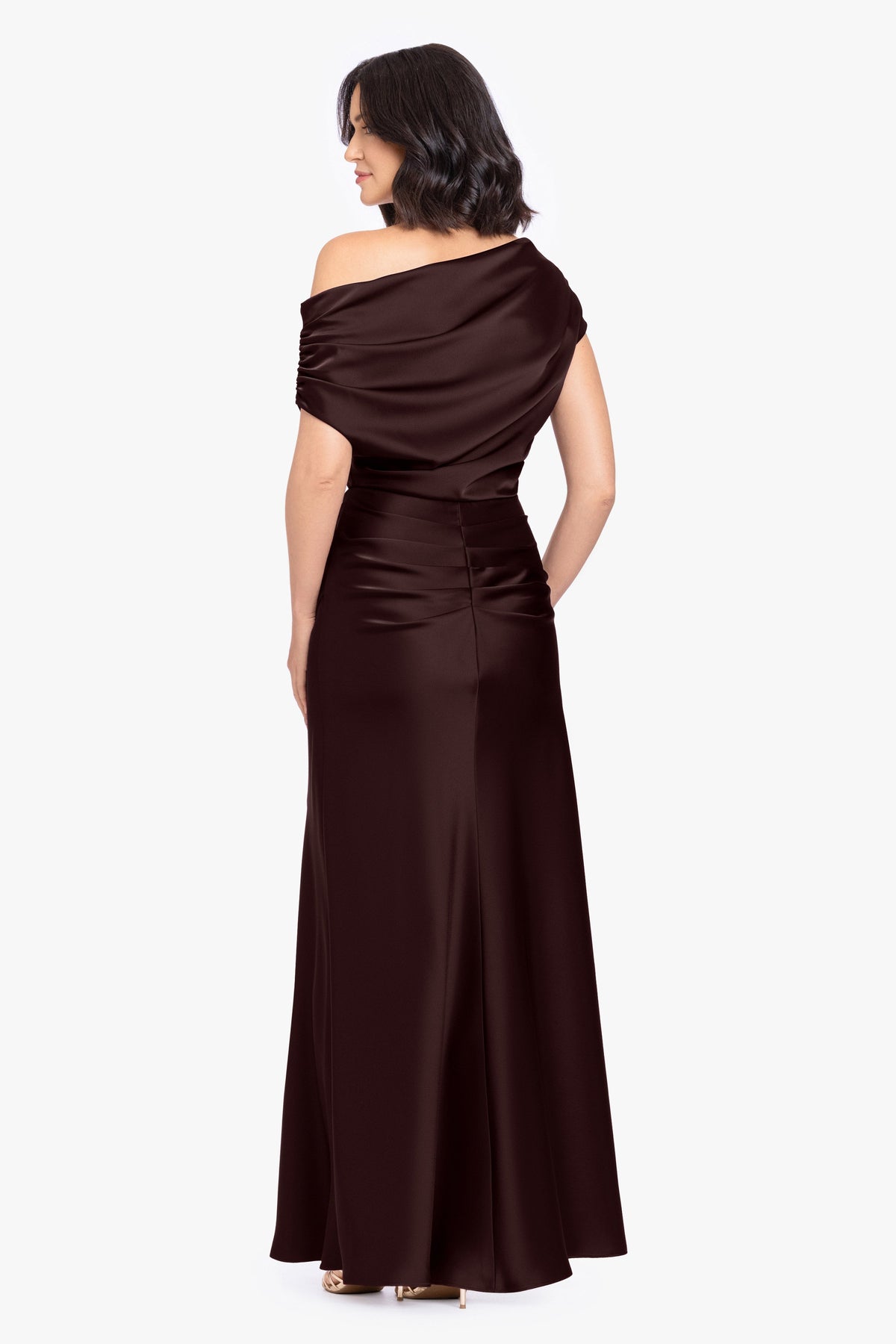 “Hailey” Double Faced Satin Off The Shoulder Ruched Dress - Brown | Betsy & Adam