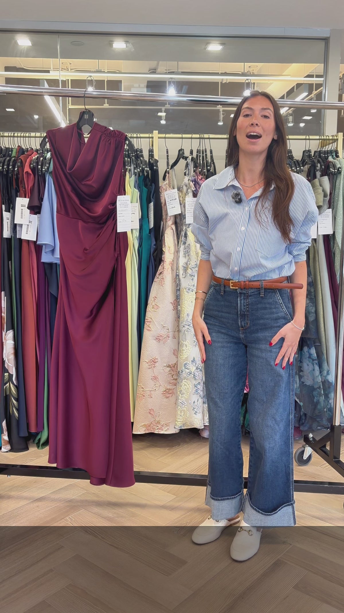 “Hailey” Double Faced Satin Off The Shoulder Ruched Dress - Brown | Betsy & Adam