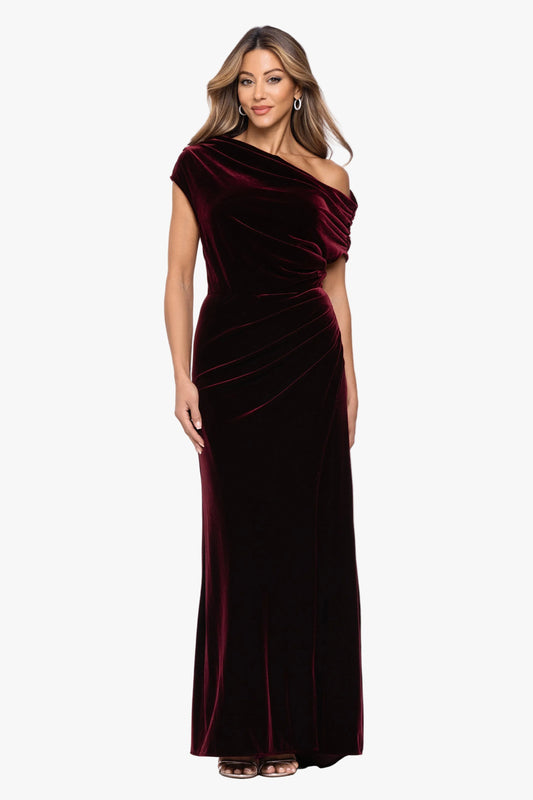 "Evie" Velvet Off The Shoulder Asymmetrical Dress - Burgundy | Betsy & Adam