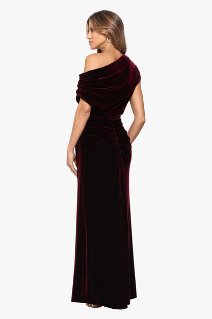 "Evie" Velvet Off The Shoulder Asymmetrical Dress - Burgundy | Betsy & Adam