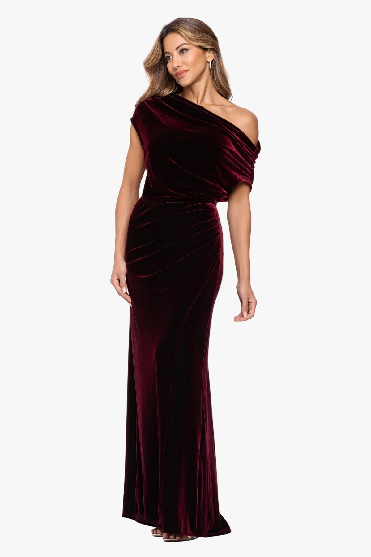 "Evie" Velvet Off The Shoulder Asymmetrical Dress - Burgundy | Betsy & Adam