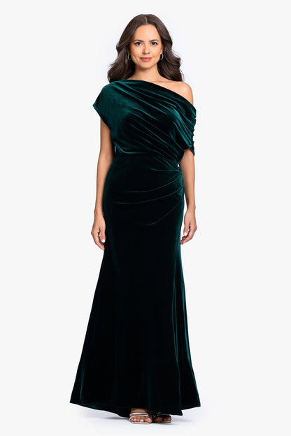 "Evie" Velvet Off The Shoulder Asymmetrical Dress - Burgundy | Betsy & Adam
