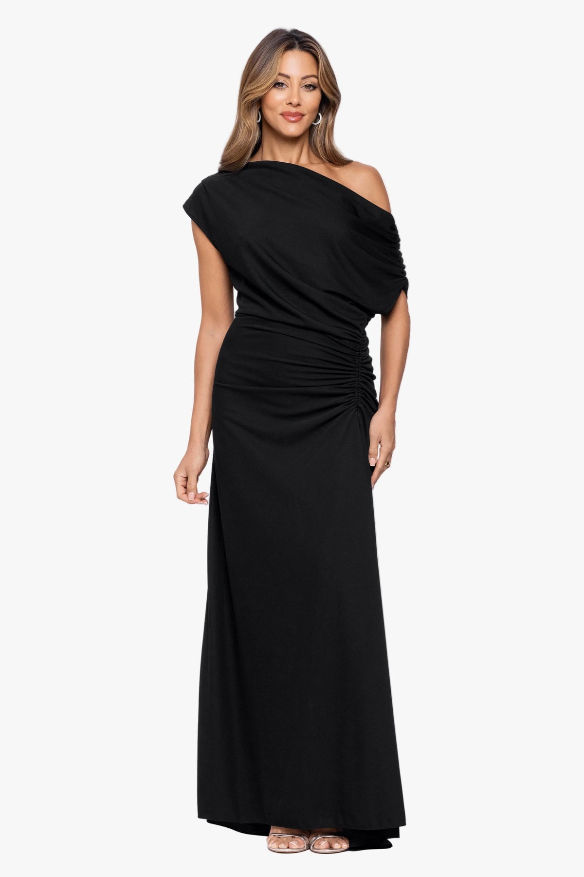 "Parker" Jersey Knit Off The Shoulder Ruched Dress - Black | Betsy & Adam
