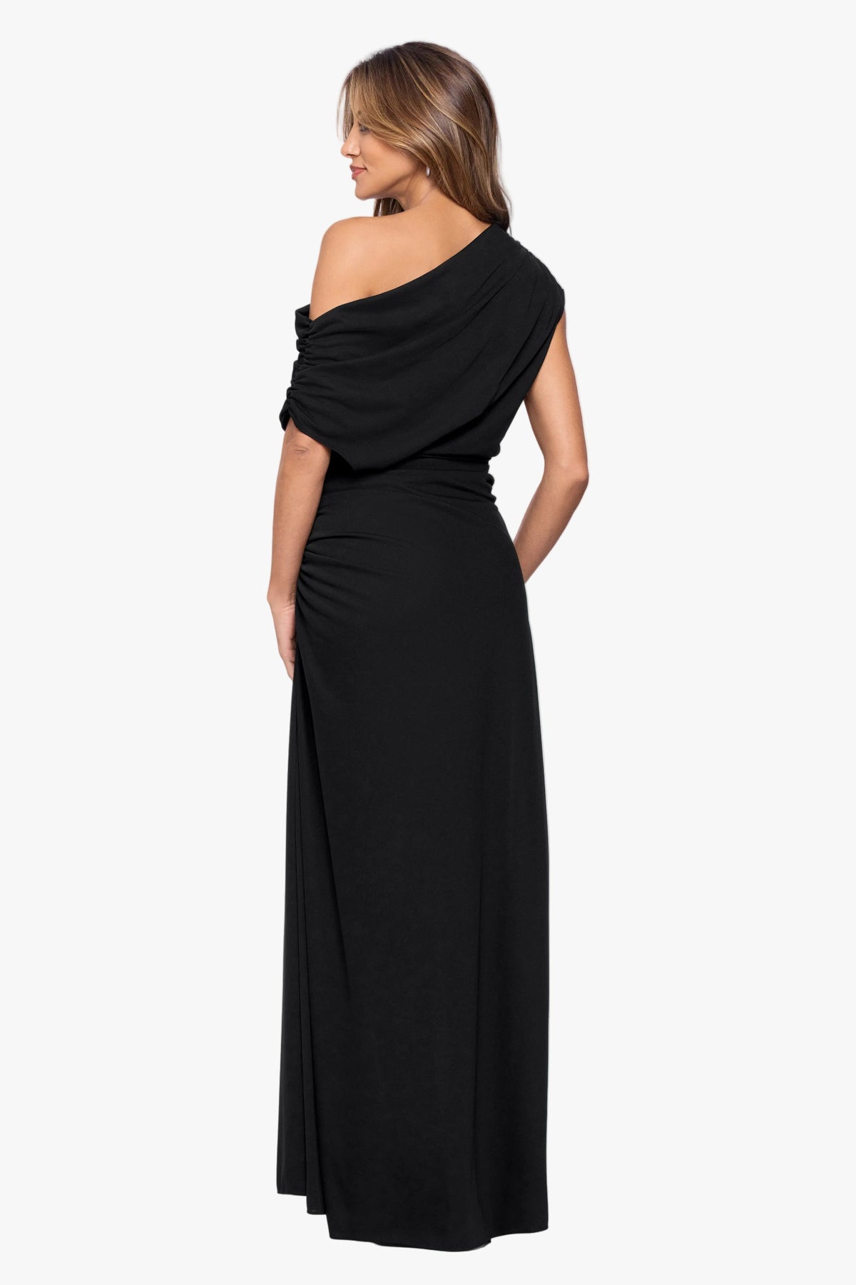 "Parker" Jersey Knit Off The Shoulder Ruched Dress - Black | Betsy & Adam