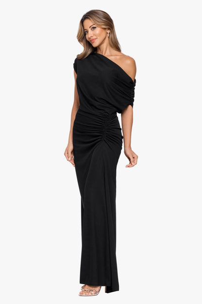 "Parker" Jersey Knit Off The Shoulder Ruched Dress - Black | Betsy & Adam